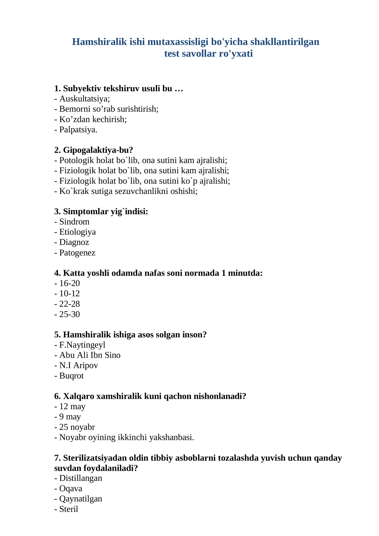 HAMSHIRALIK ISHI TEST SAVOLLAR RO'YXATI