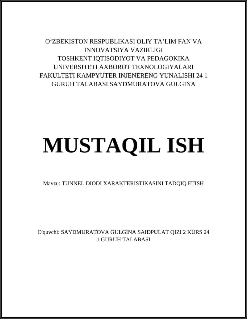 TUNNEL DIODI XARAKTERISTIKASINI TADQIQ ETISH