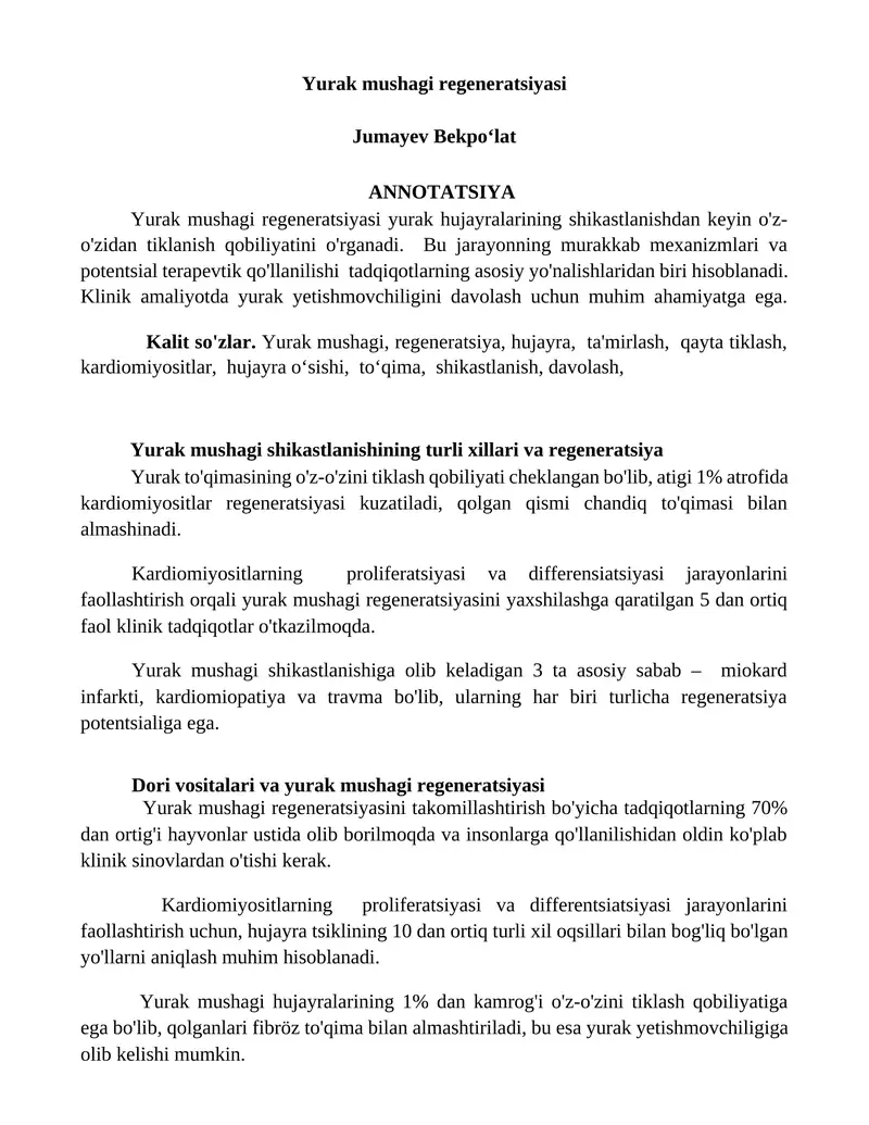 Yurak mushagi regeneratsiyasi