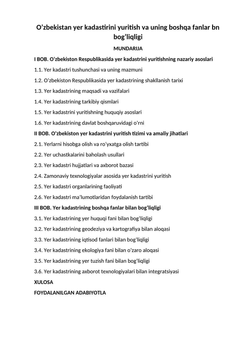 O’zbekistan yer kadastirini yuritish va uning boshqa fanlar bn bog’liqligi
