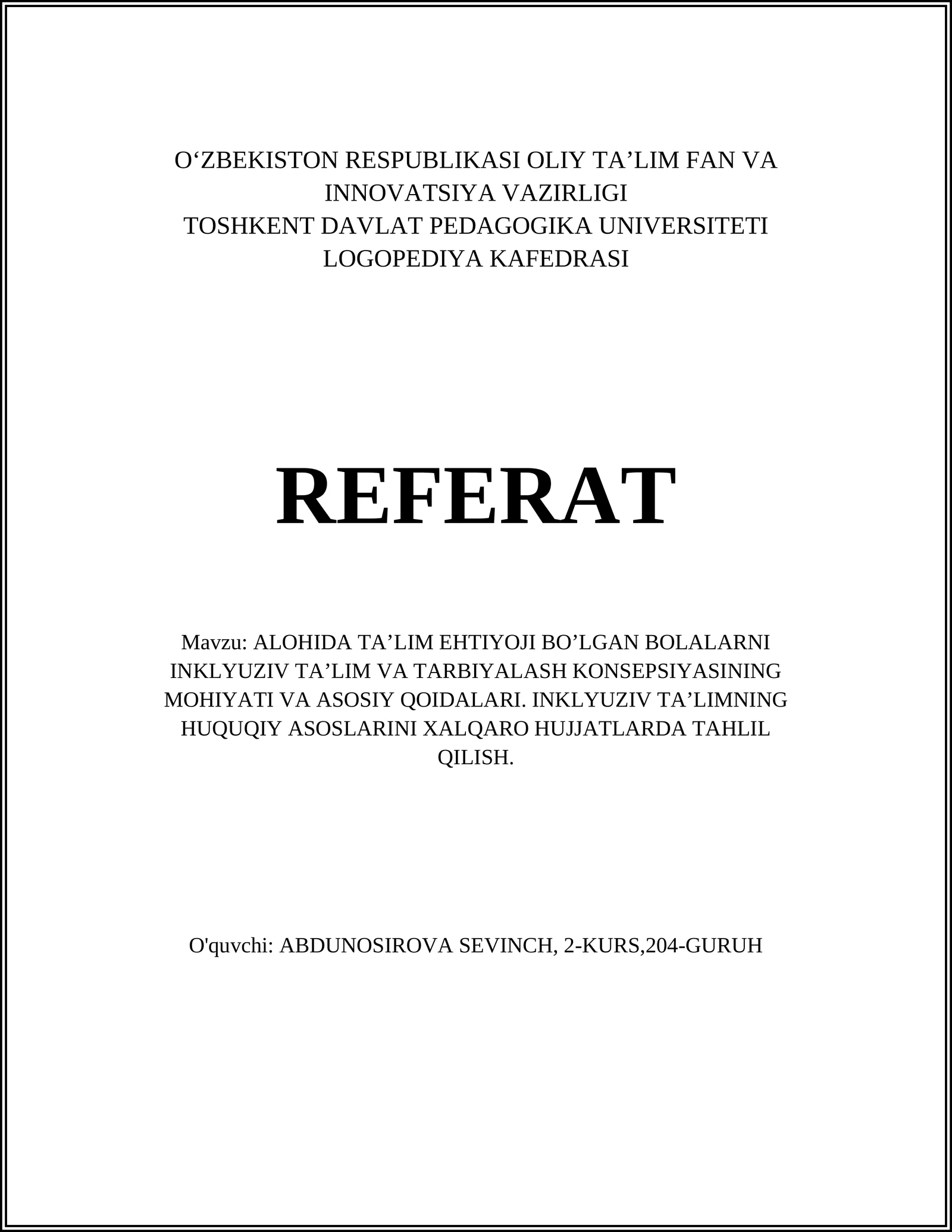 INKLYUZIV TA’LIM VA TARBIYALASH KONSEPSIYASI