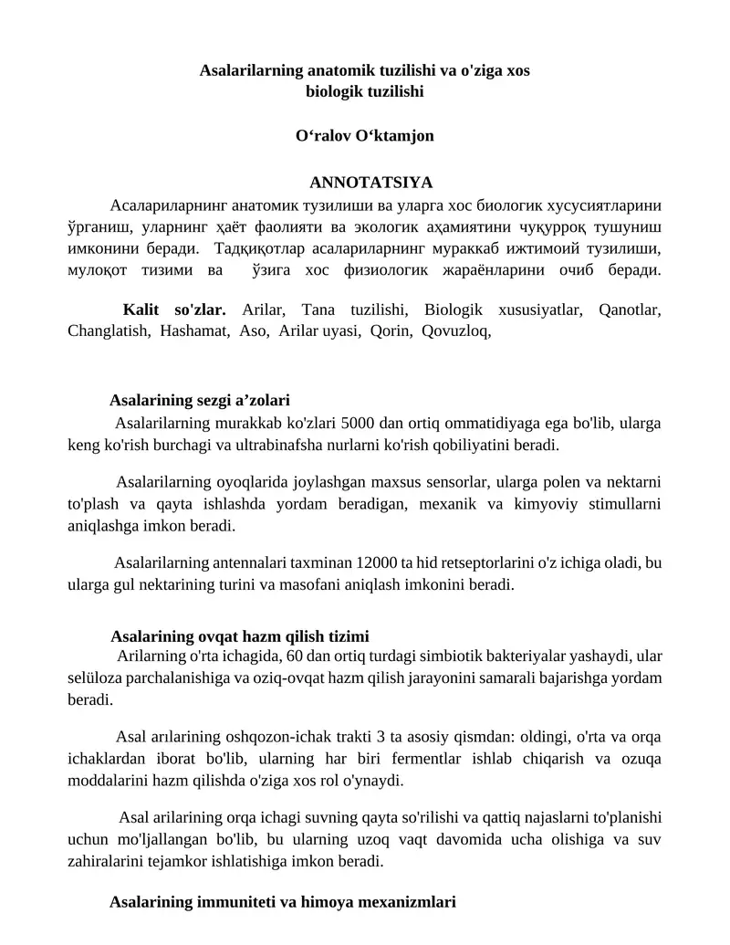 Asalarilarning anatomik tuzilishi va o'ziga xos biologik tuzilishi
