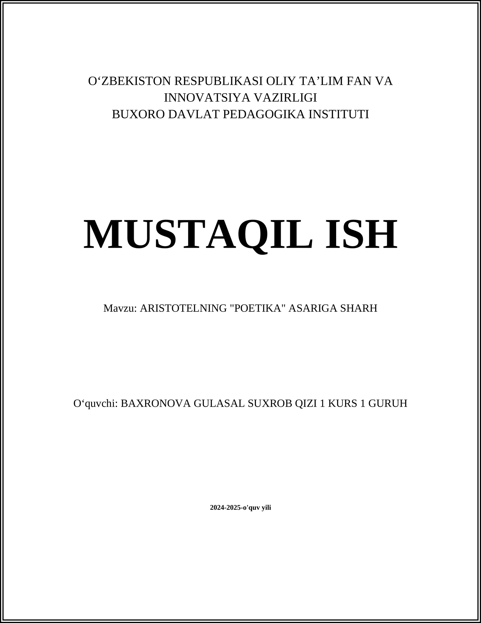 ARISTOTELNING "POETIKA" ASARIGA SHARH