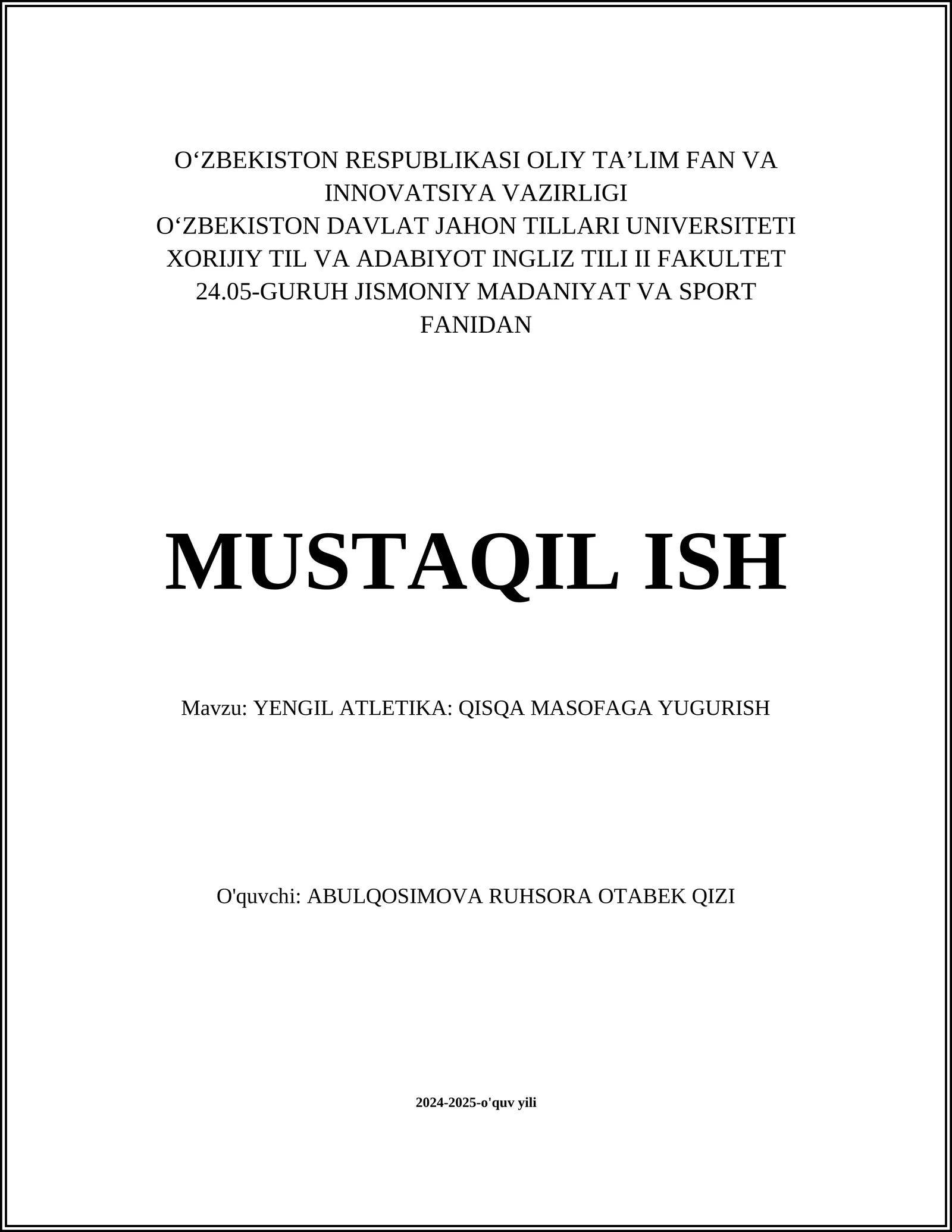 YENGIL ATLETIKA: QISQA MASOFAGA YUGURISH