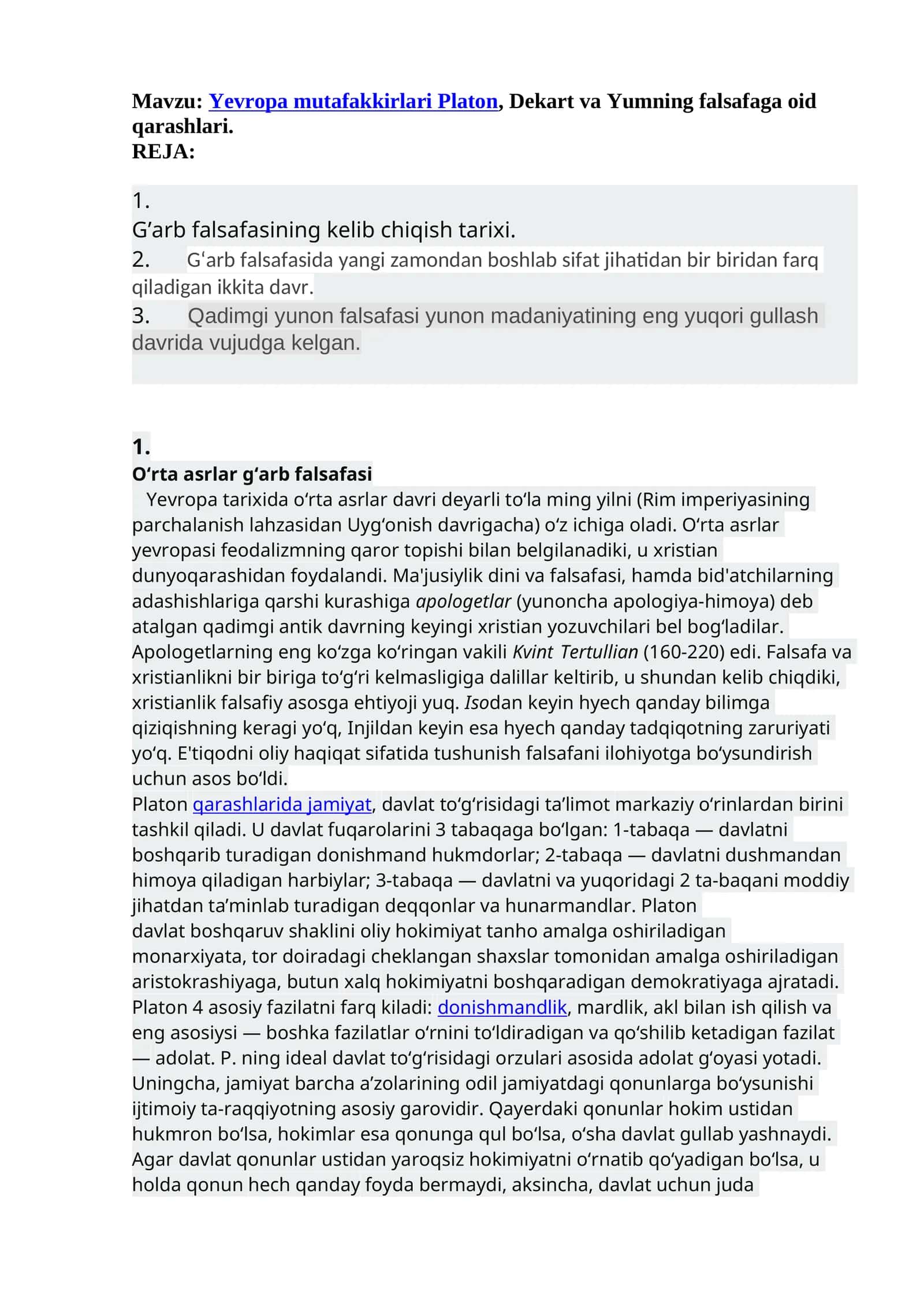 Yevropa mutafakkirlari Platon, Dekart va Yumning falsafaga oid qarashlari