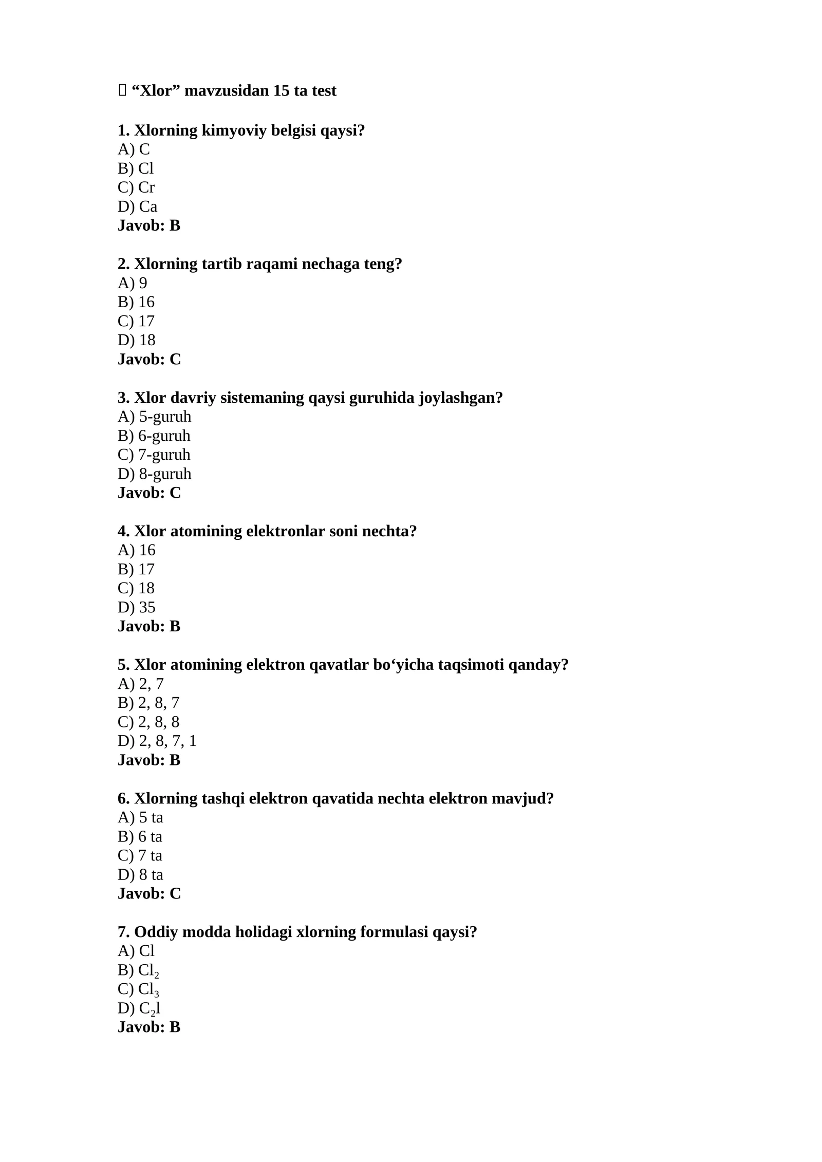 Xlor mavzusidan 15 ta test