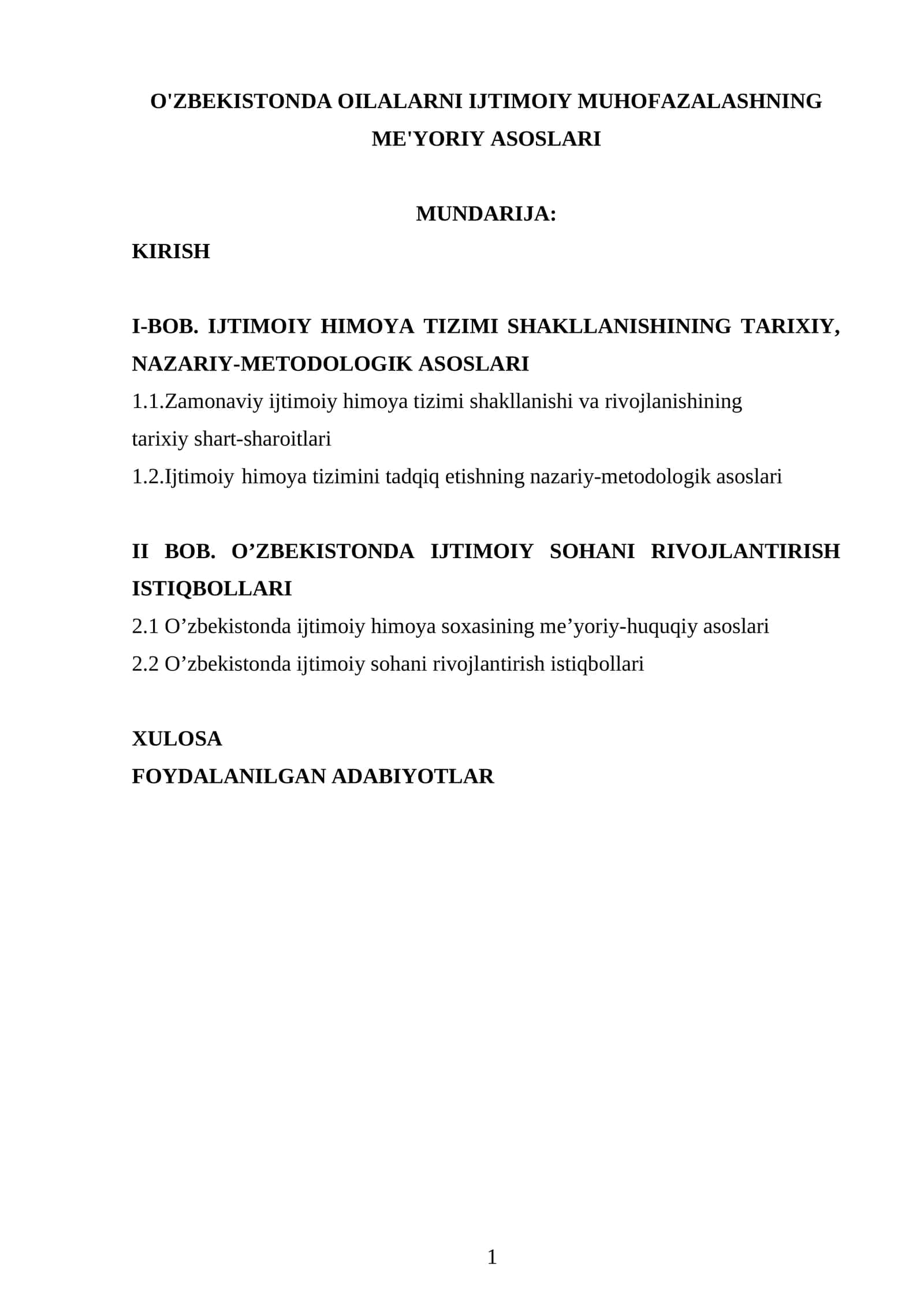 O'ZBEKISTONDA OILALARNI IJTIMOIY MUHOFAZALASHNING ME'YORIY ASOSLARI