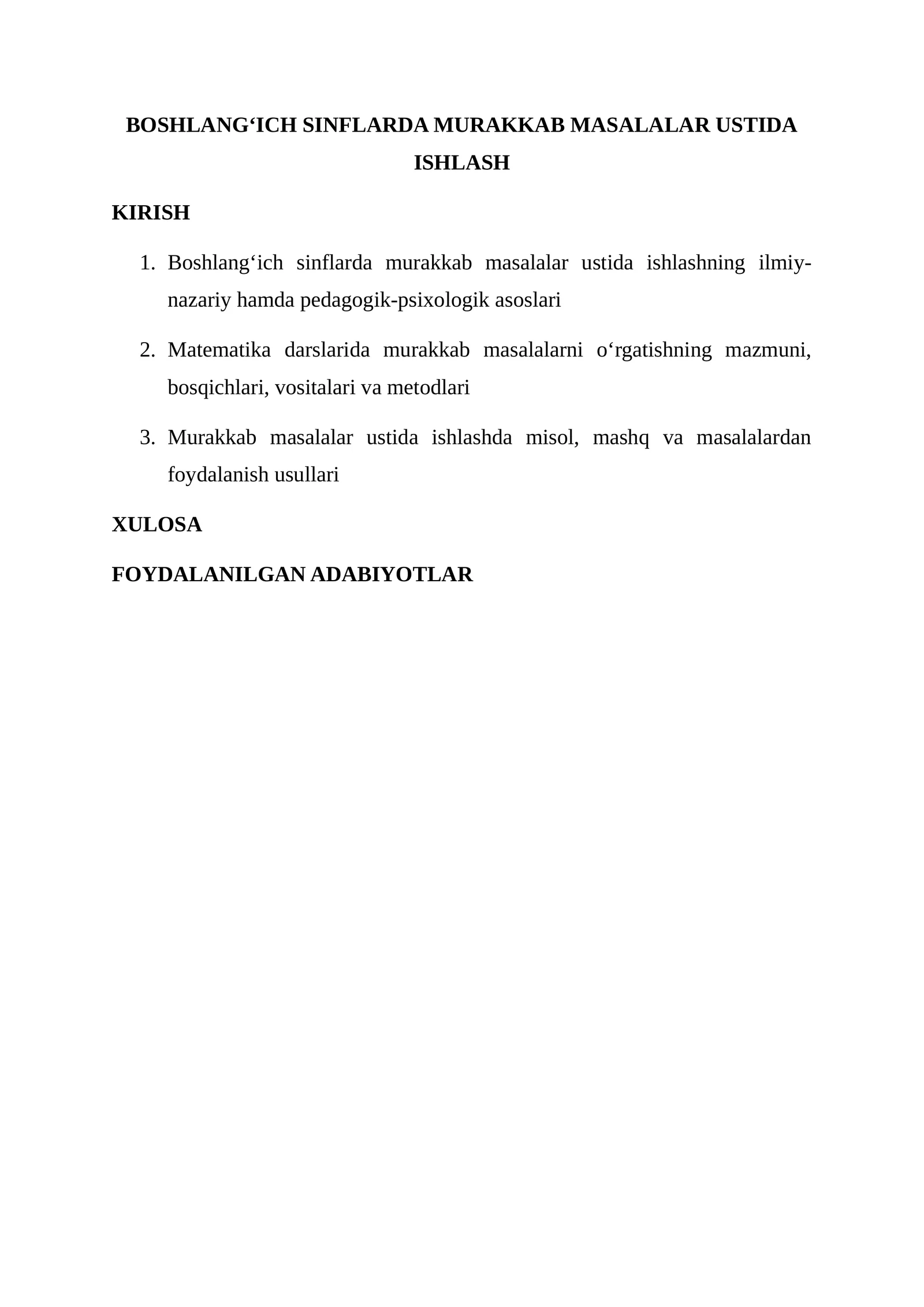 BOSHLANG‘ICH SINFLARDA MURAKKAB MASALALAR USTIDA ISHLASH