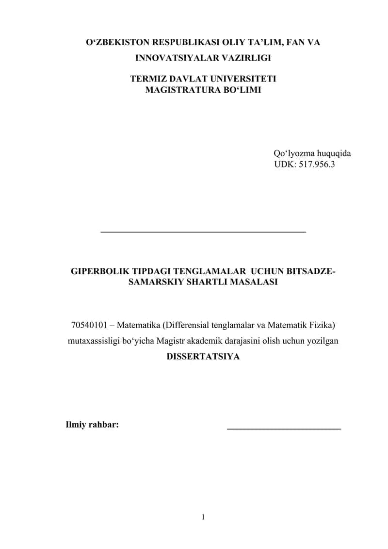 GIPERBOLIK TIPDAGI TENGLAMALAR UCHUN BITSADZE-SAMARSKIY SHARTLI MASALASI