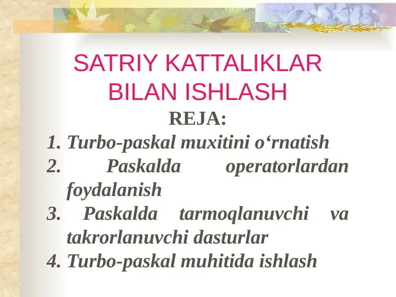 SATRIY KATTALIKLAR BILAN ISHLASH