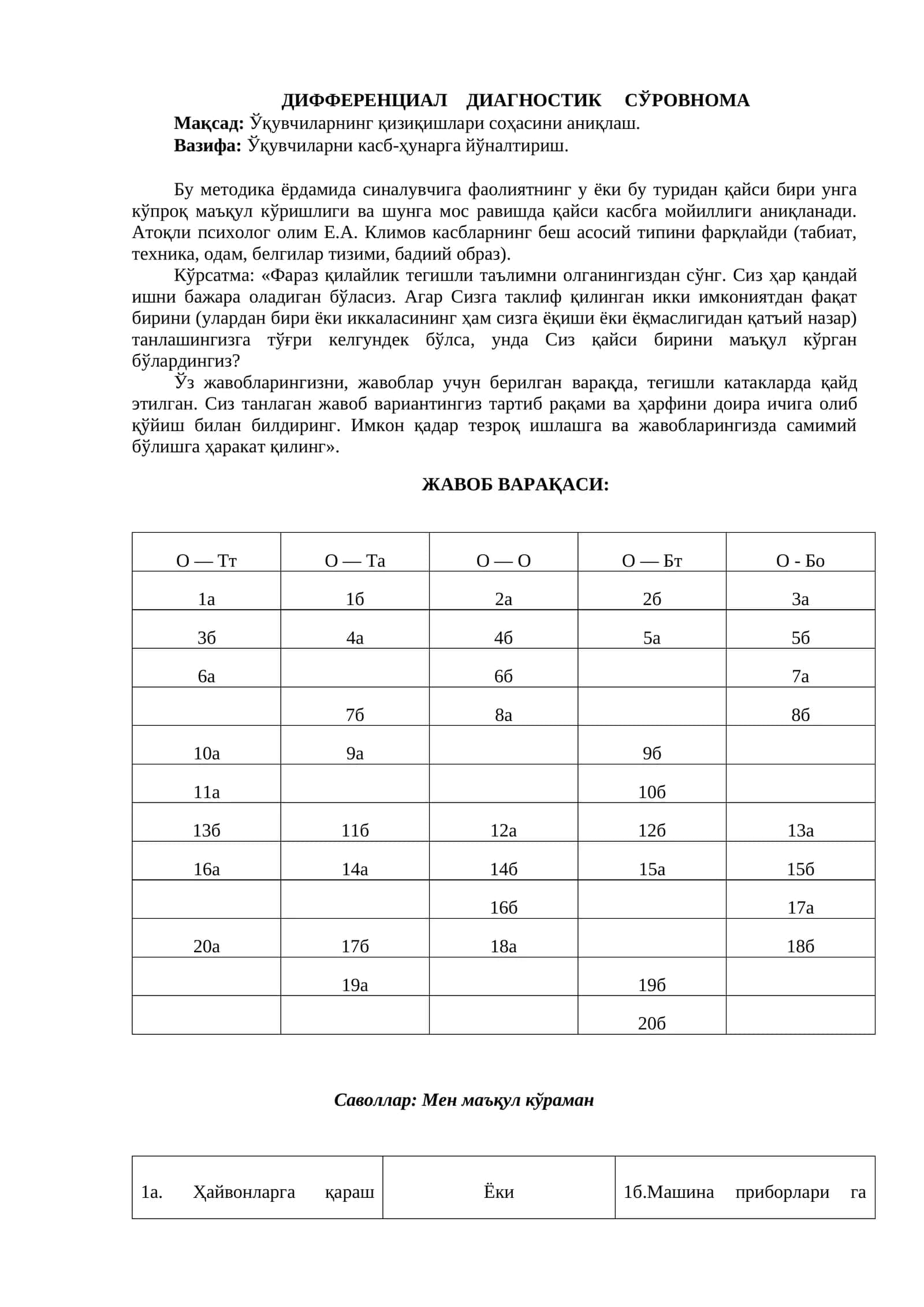 ДИФФЕРЕНЦИАЛ ДИАГНОСТИК СЎРОВНОМА ПСИХОЛОГИЯ