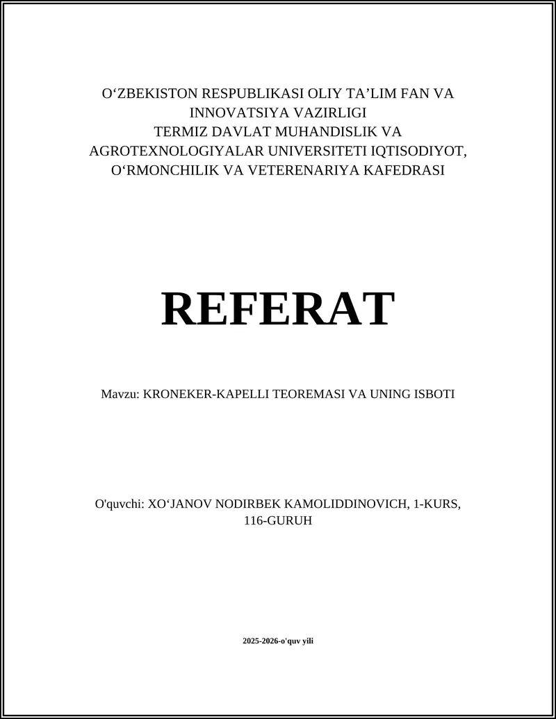 KRONEKER-KAPELLI TEOREMASI VA UNING ISBOTI