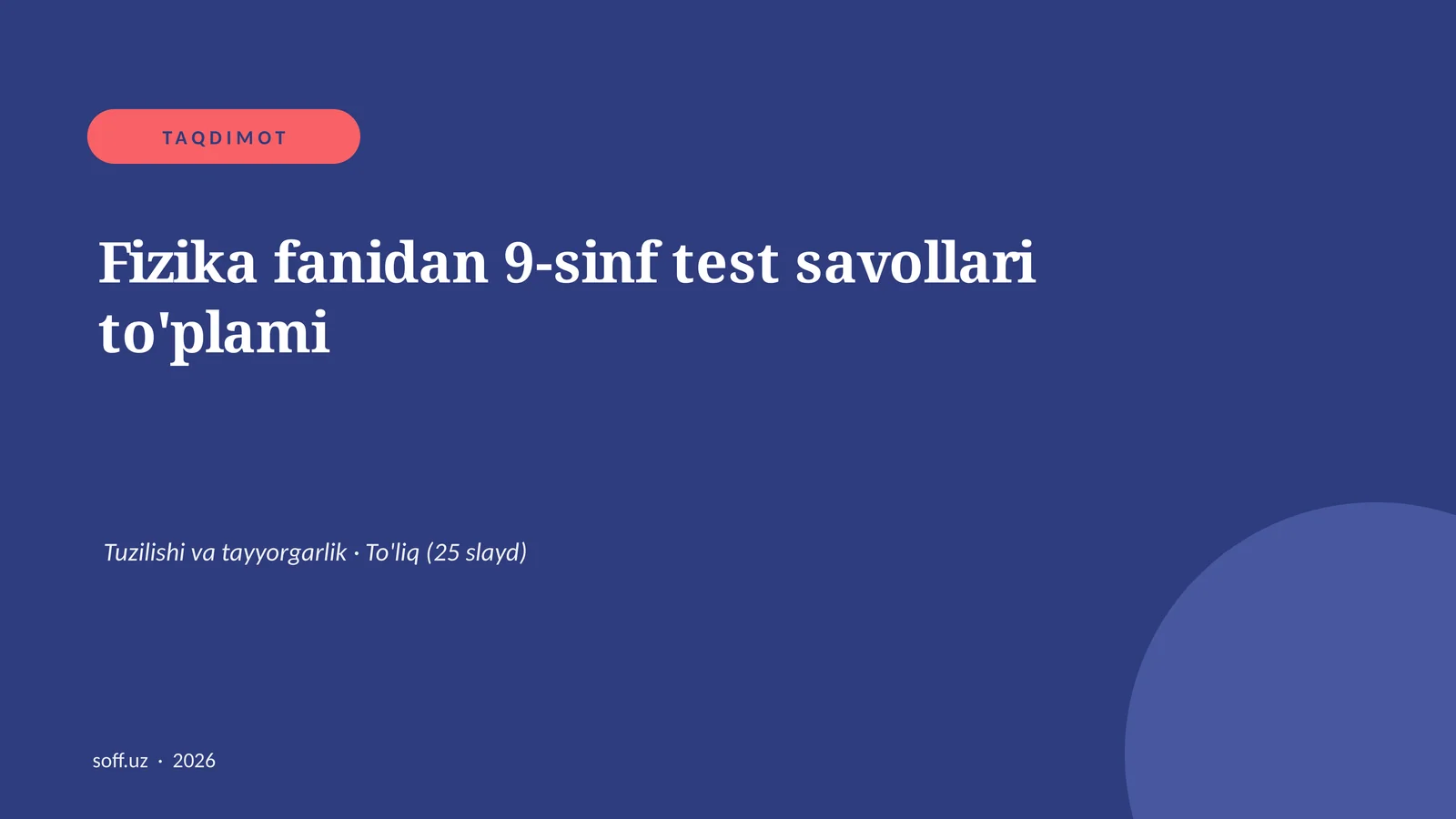 Fizika fanidan 9-sinf test savollari to'plami