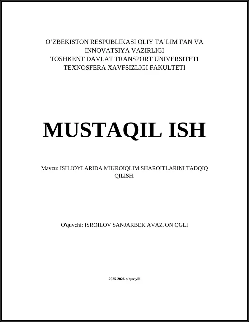 ISH JOYLARIDA MIKROIQLIM SHAROITLARINI TADQIQ QILISH