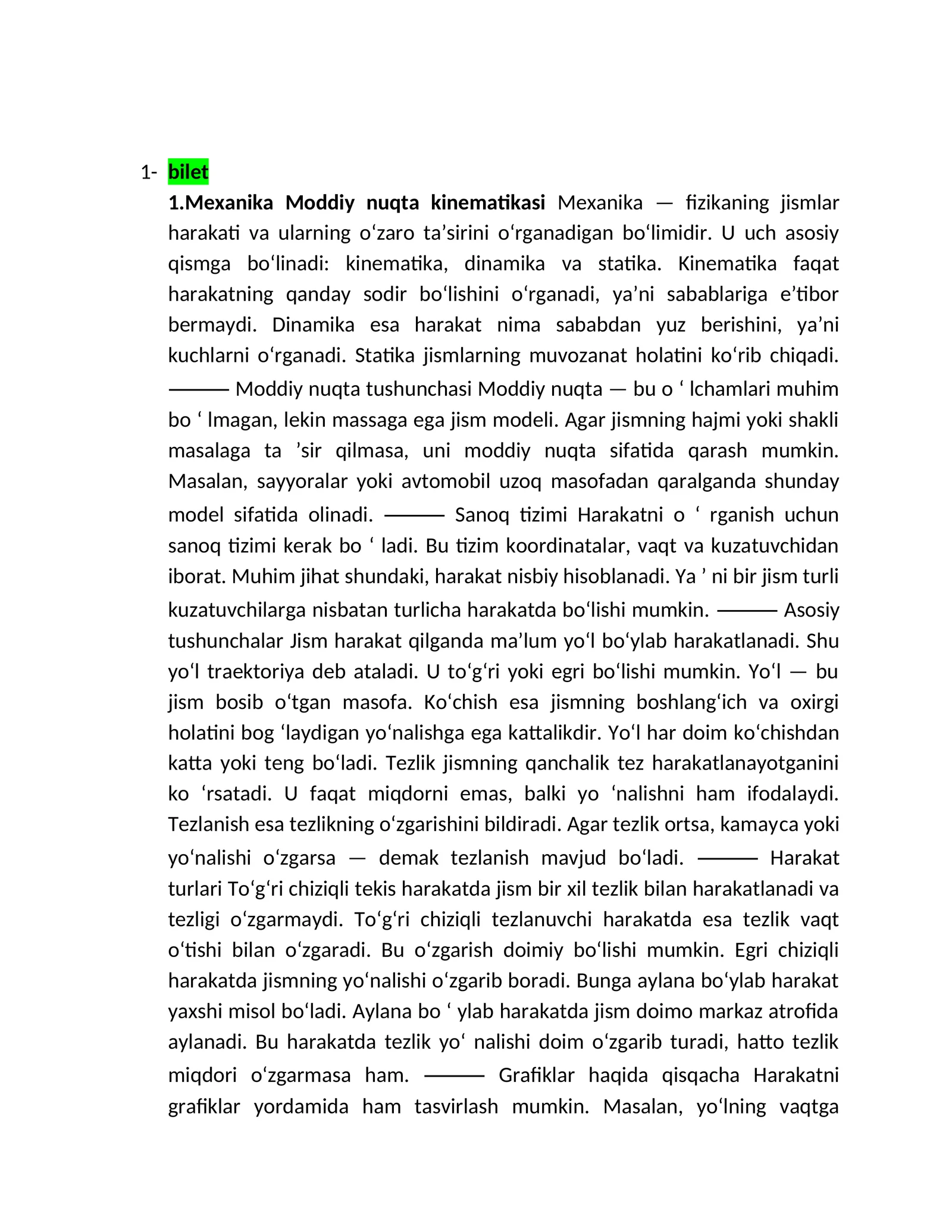 bilet 1.Mexanika Moddiy nuqta kinematikasi
