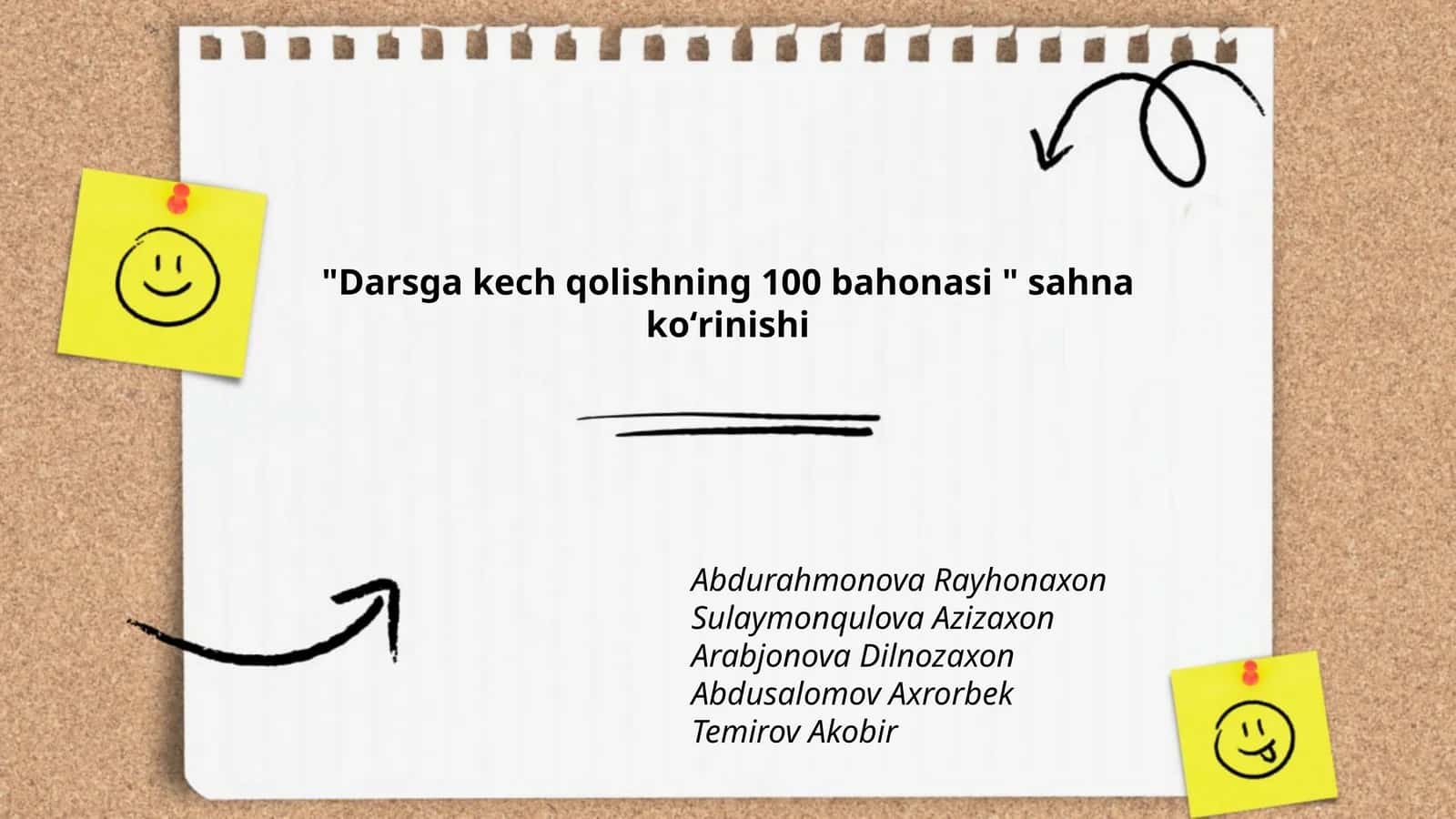 Darsga kech qolishning 100 bahonasi sahna koʻrinishi