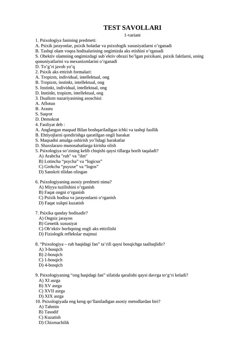 Psixologiya fani test savollari