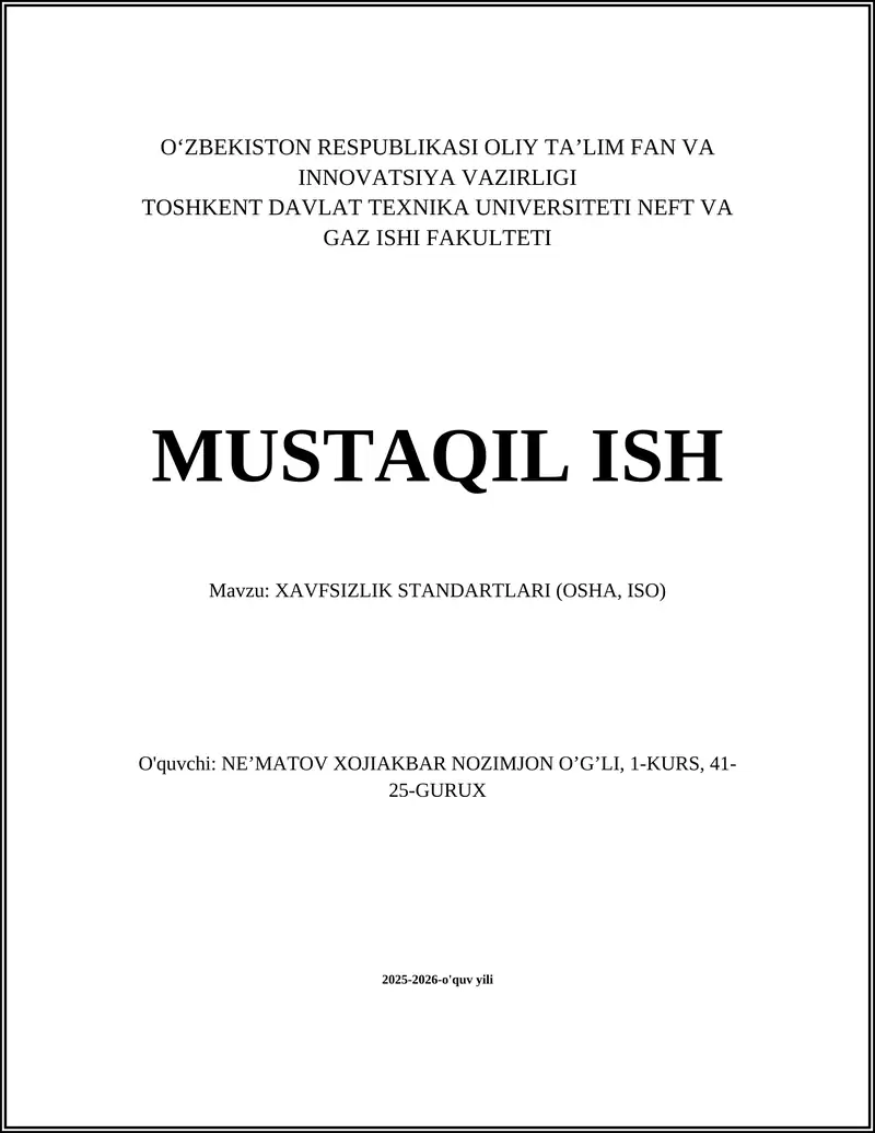 XAVFSIZLIK STANDARTLARI (OSHA, ISO)