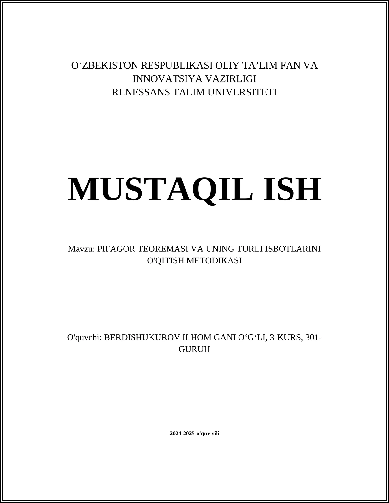 PIFAGOR TEOREMASI VA UNING TURLI ISBOTLARINI O'QITISH METODIKASI