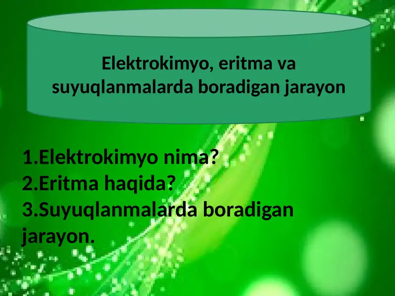 Elektrokimyo, eritma va suyuqlanmalarda boradigan jarayon.