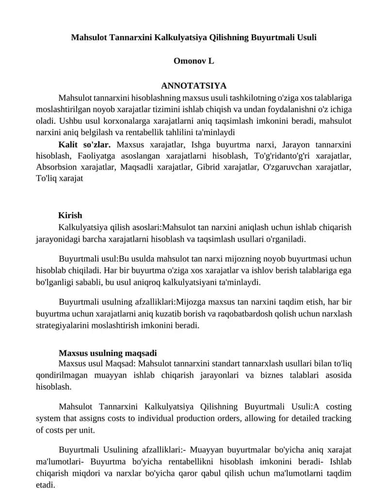 Mahsulot Tannarxini Kalkulyatsiya Qilishning Buyurtmali Usuli