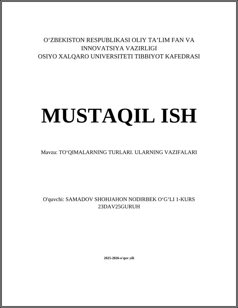TOʻQIMALARNING TURLARI. ULARNING VAZIFALARI