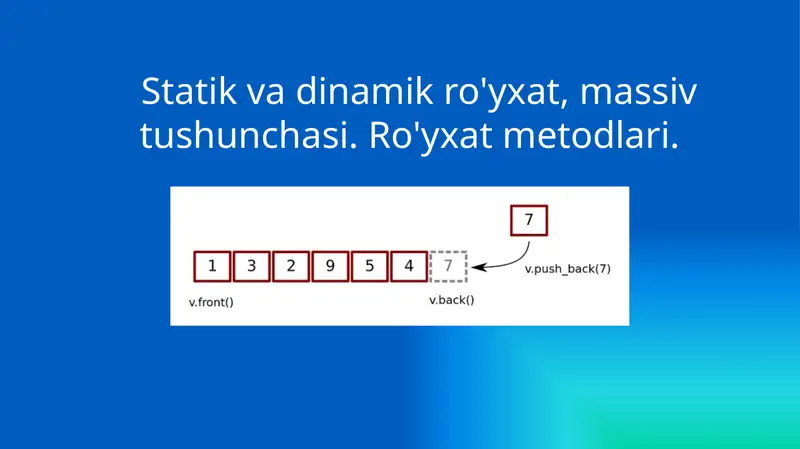 Statik va dinamik ro`yxat massiv tushunchasi ro`yxat metodlari