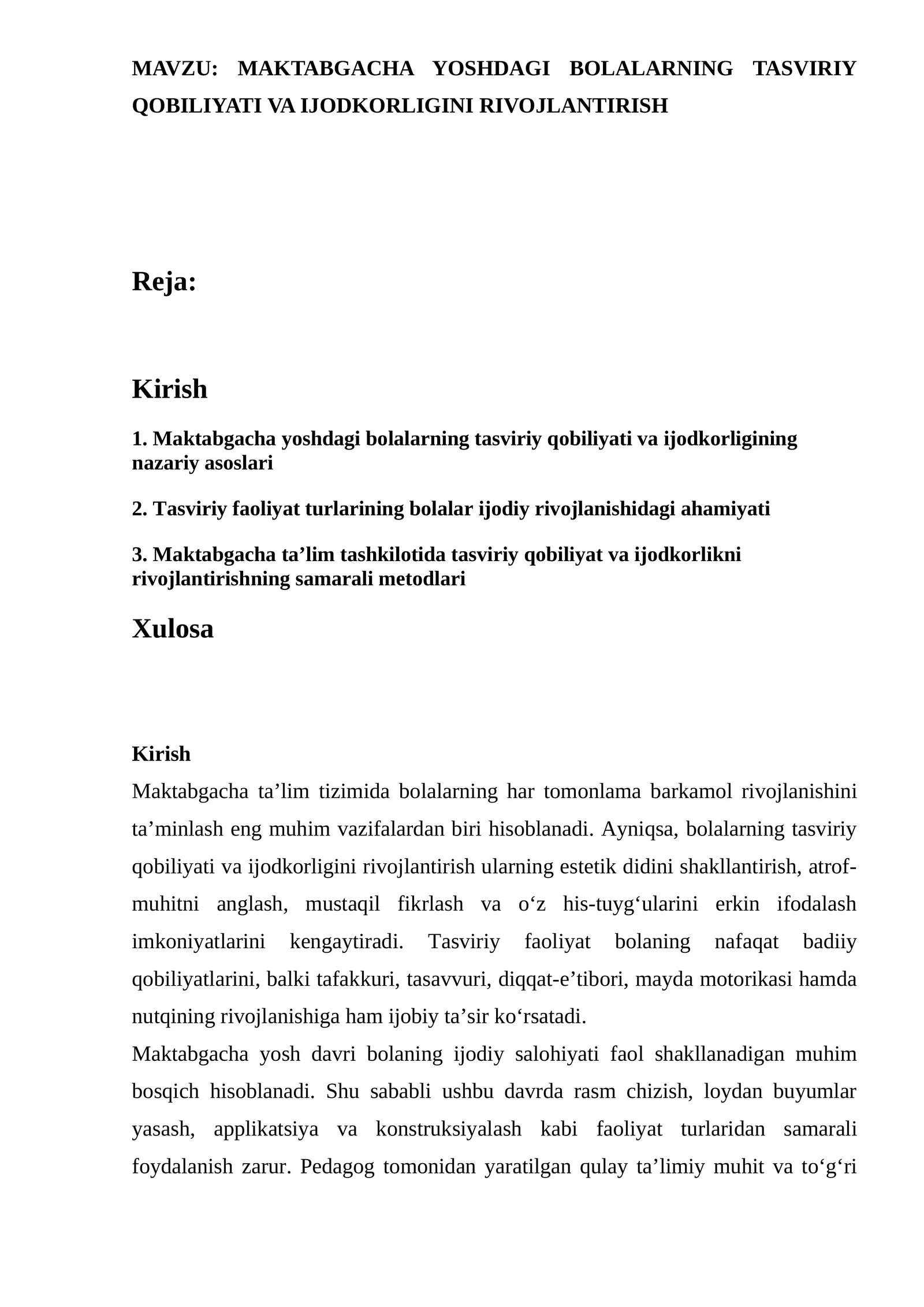 MAKTABGACHA YOSHDAGI BOLALARNING TASVIRIY QOBILIYATI VA IJODKORLIGINI RIVOJLANTIRISH.docx
