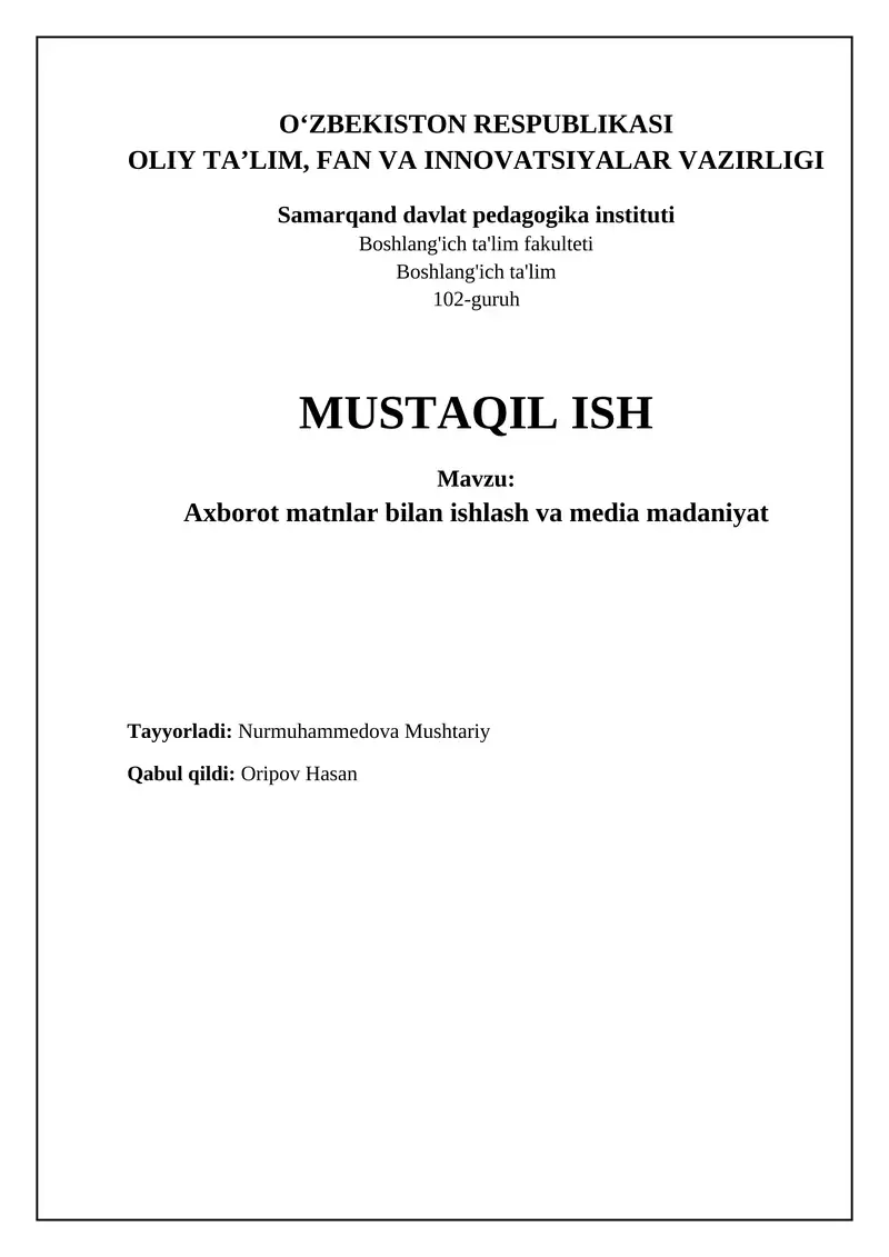 Axborot matnlar bilan ishlash va media madaniyat
