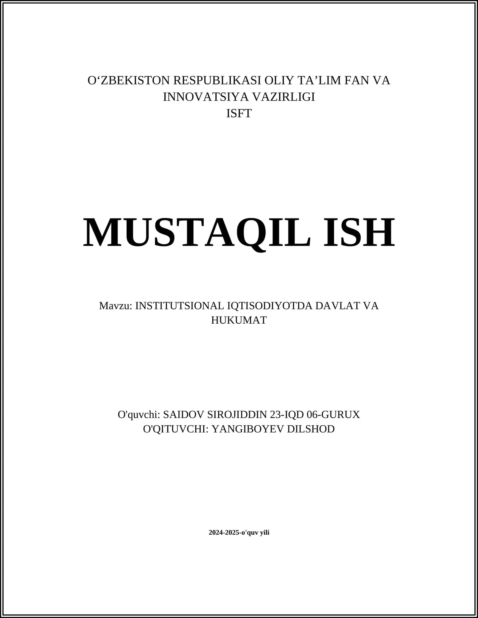 INSTITUTSIONAL IQTISODIYOTDA DAVLAT VA HUKUMAT