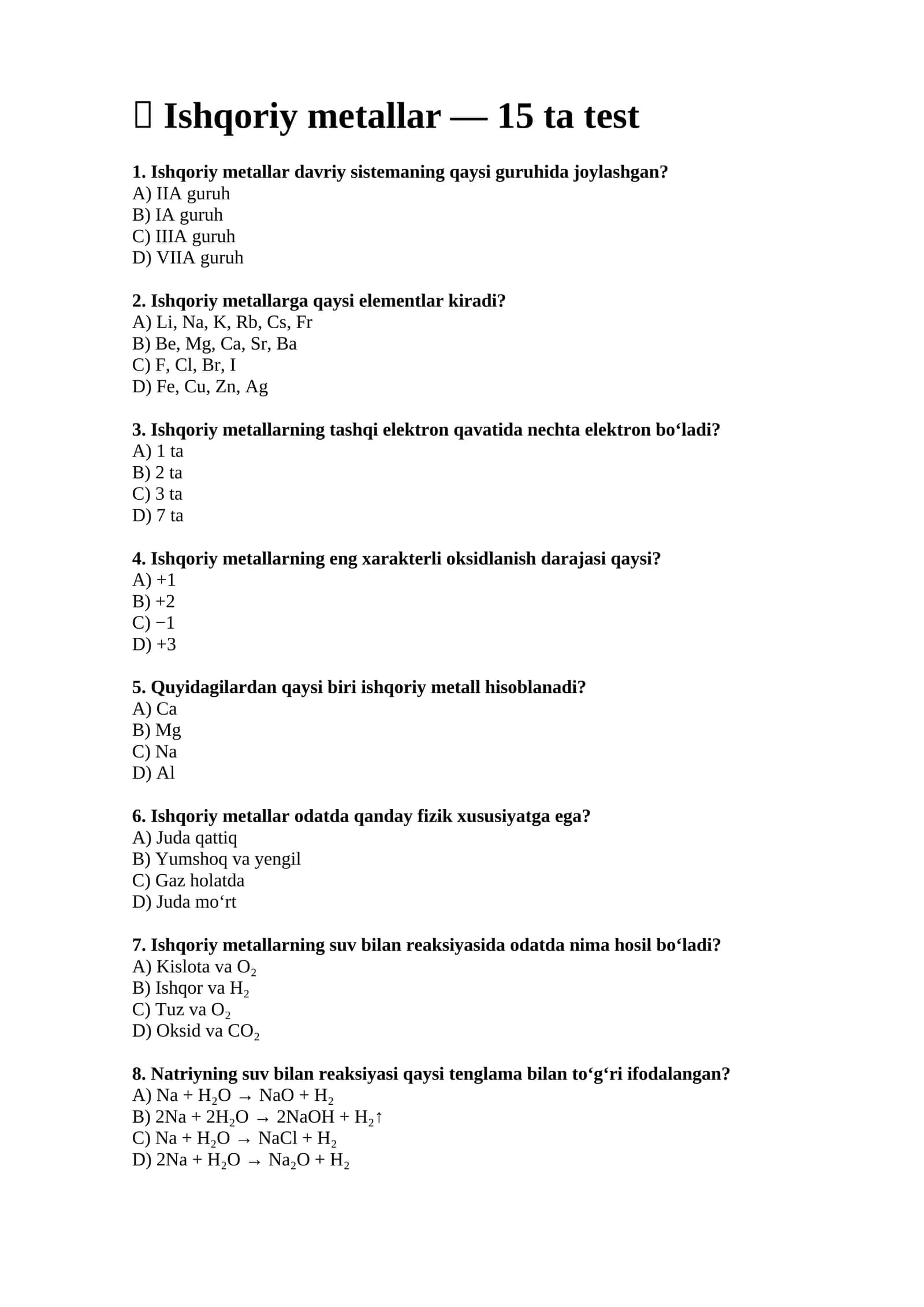 Ishqoriy metallar test