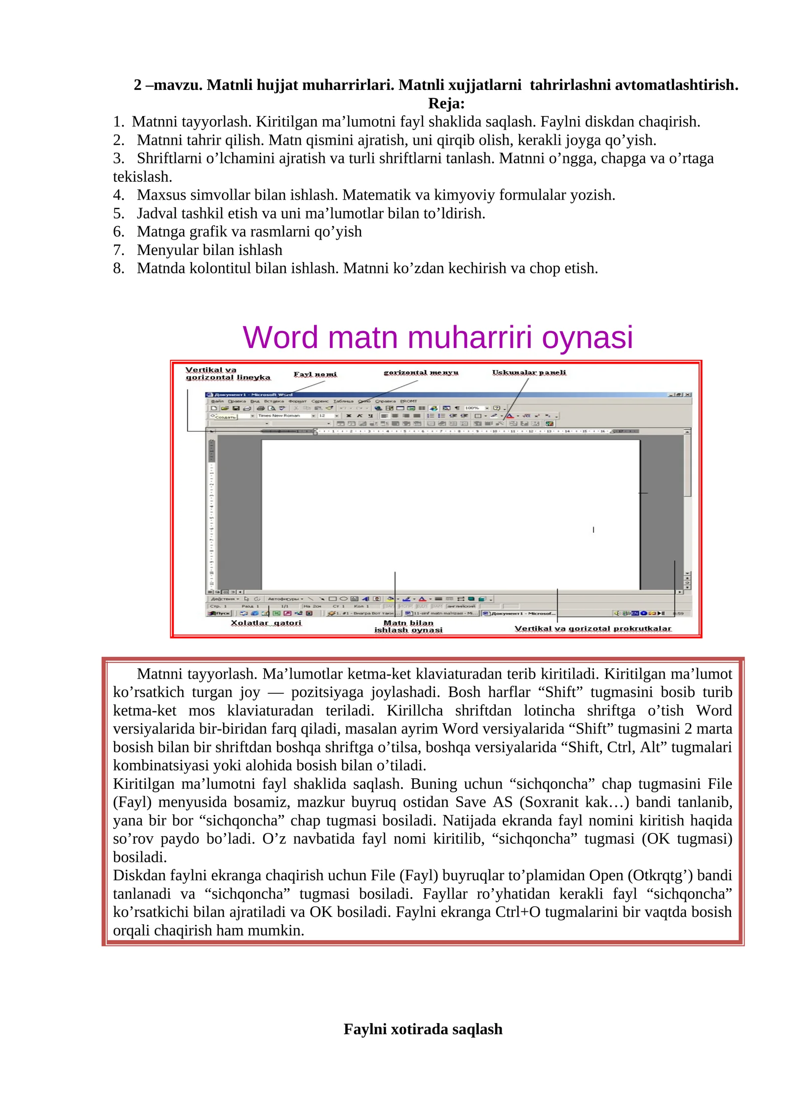 Word Matn Muharriri: Matnni Tahrirlash va Avtomatlashtirish (2-mavzu)