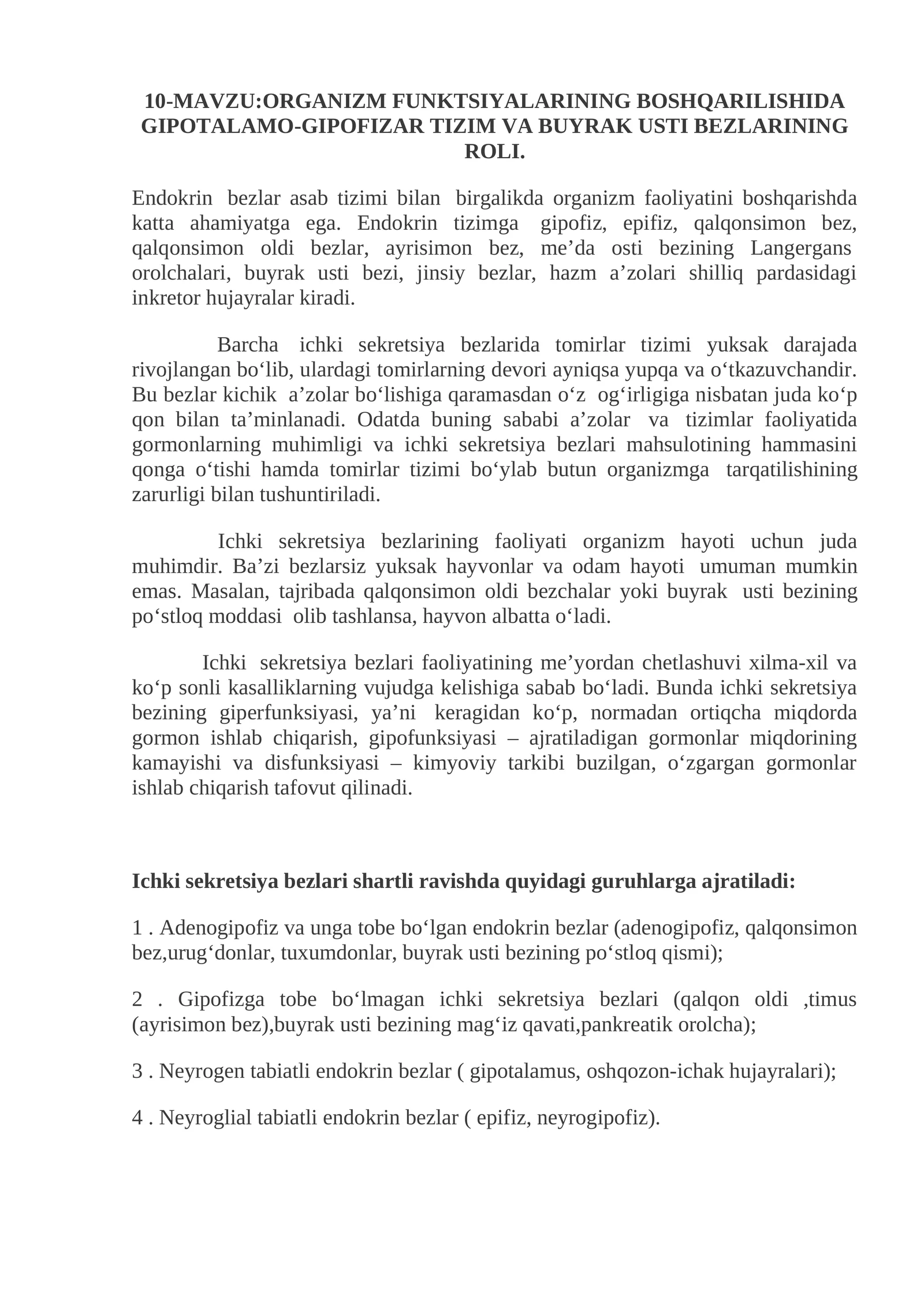 ORGANIZM FUNKTSIYALARINING BOSHQARILISHIDA GIPOTALAMO-GIPOFIZAR TIZIM VA BUYRAK USTI BEZLARINING ROLI