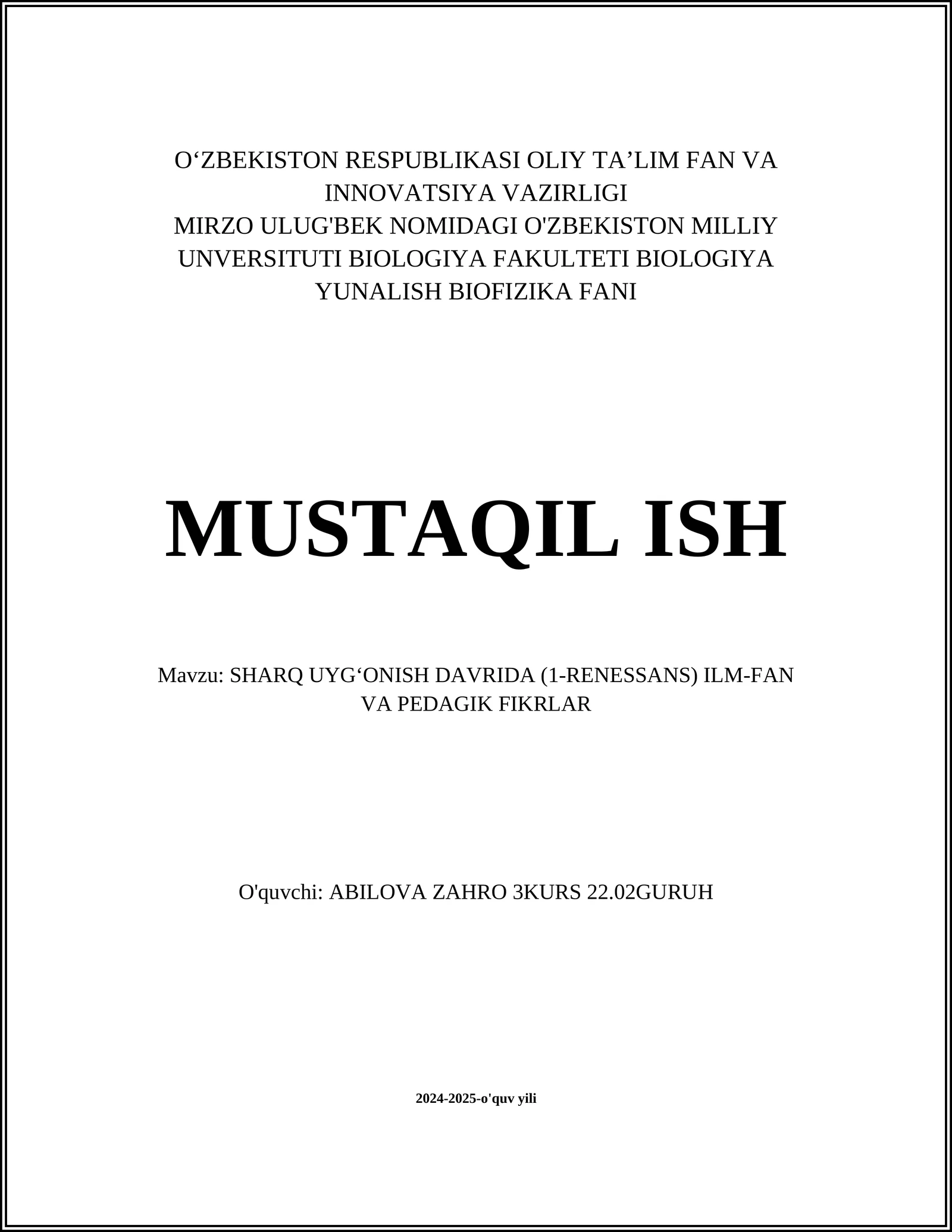 SHARQ UYG‘ONISH DAVRIDA (1-RENESSANS) ILM-FAN VA PEDAGIK FIKRLAR