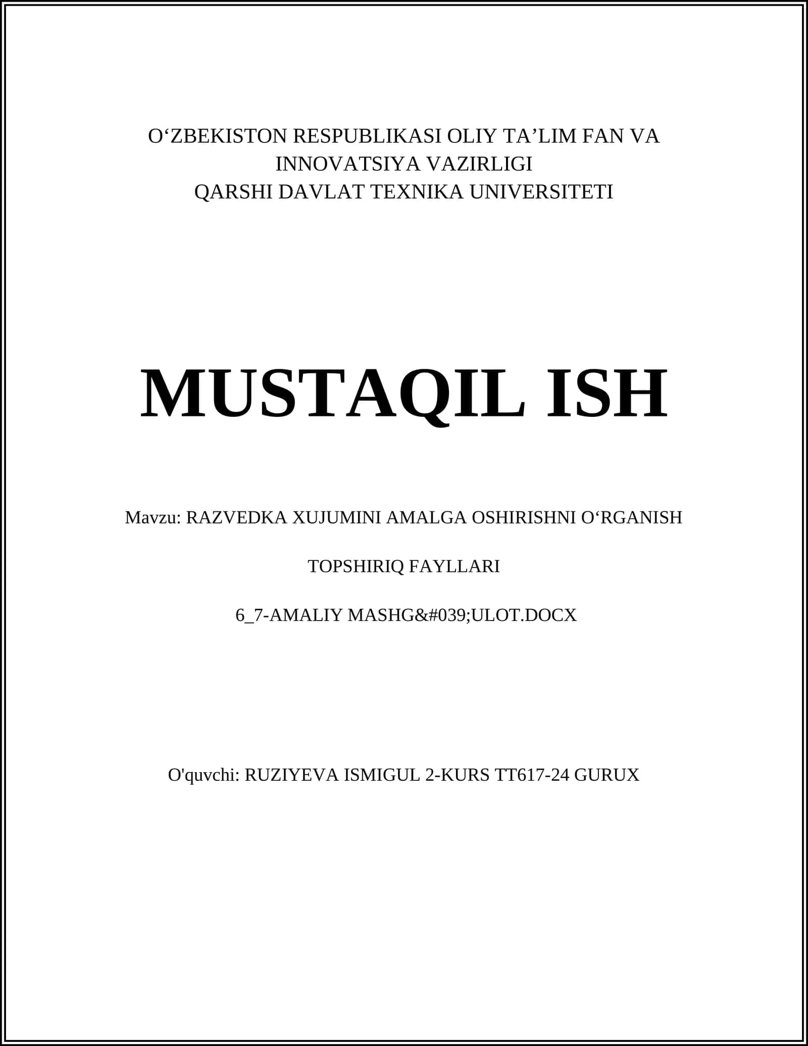 RAZVEDKA XUJUMINI AMALGA OSHIRISHNI O‘RGANISH