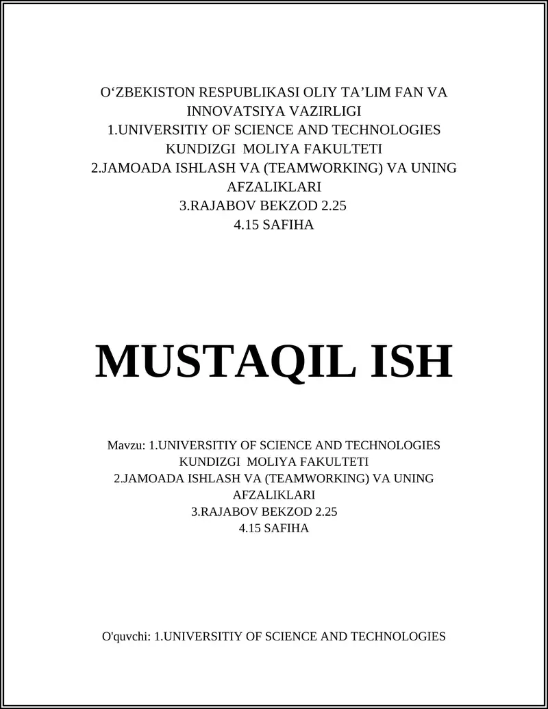 UNIVERSITIY OF SCIENCE AND TECHNOLOGIES