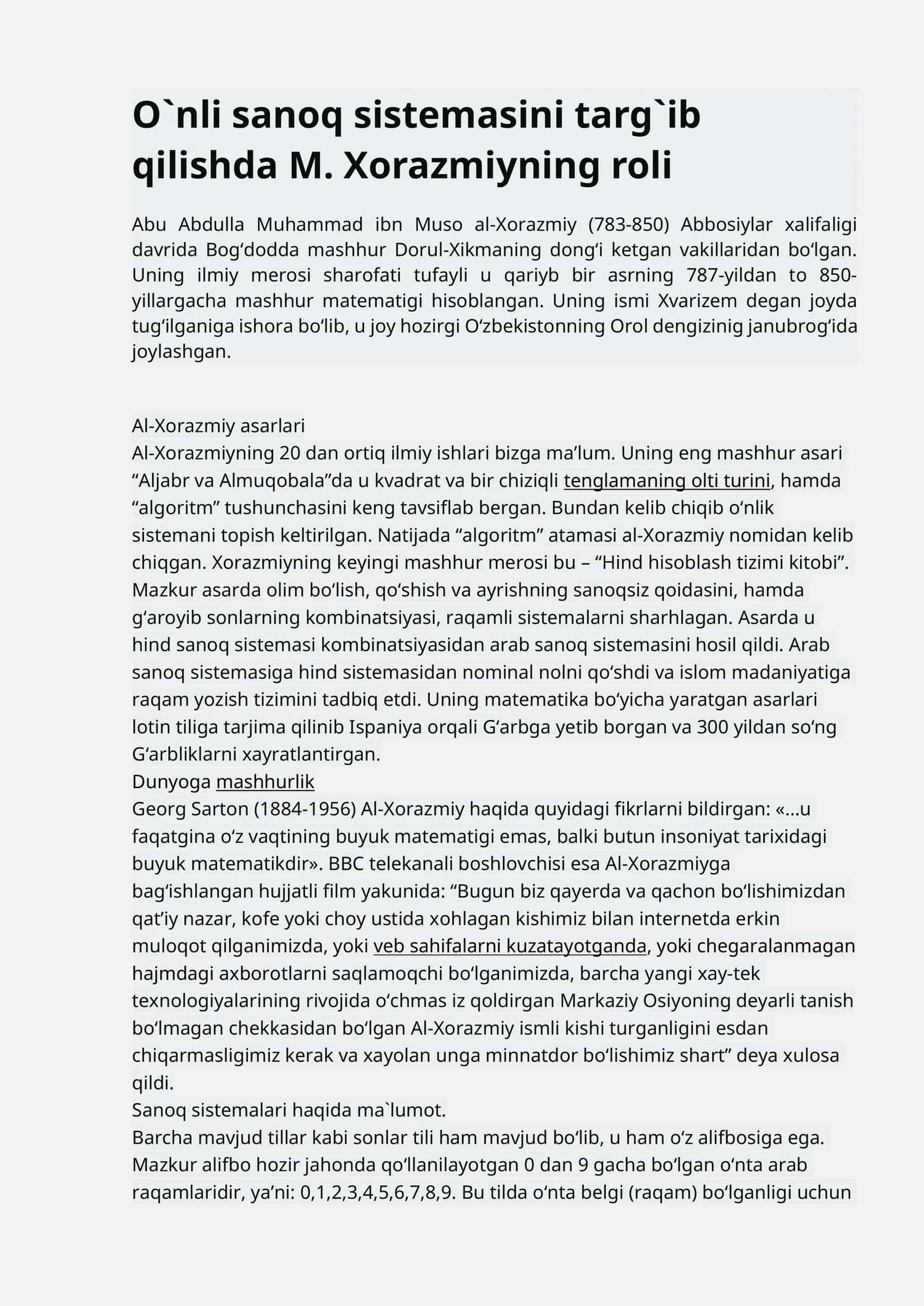 O`nli sanoq sistemasini targ`ib qilishda M. Xorazmiyning roli