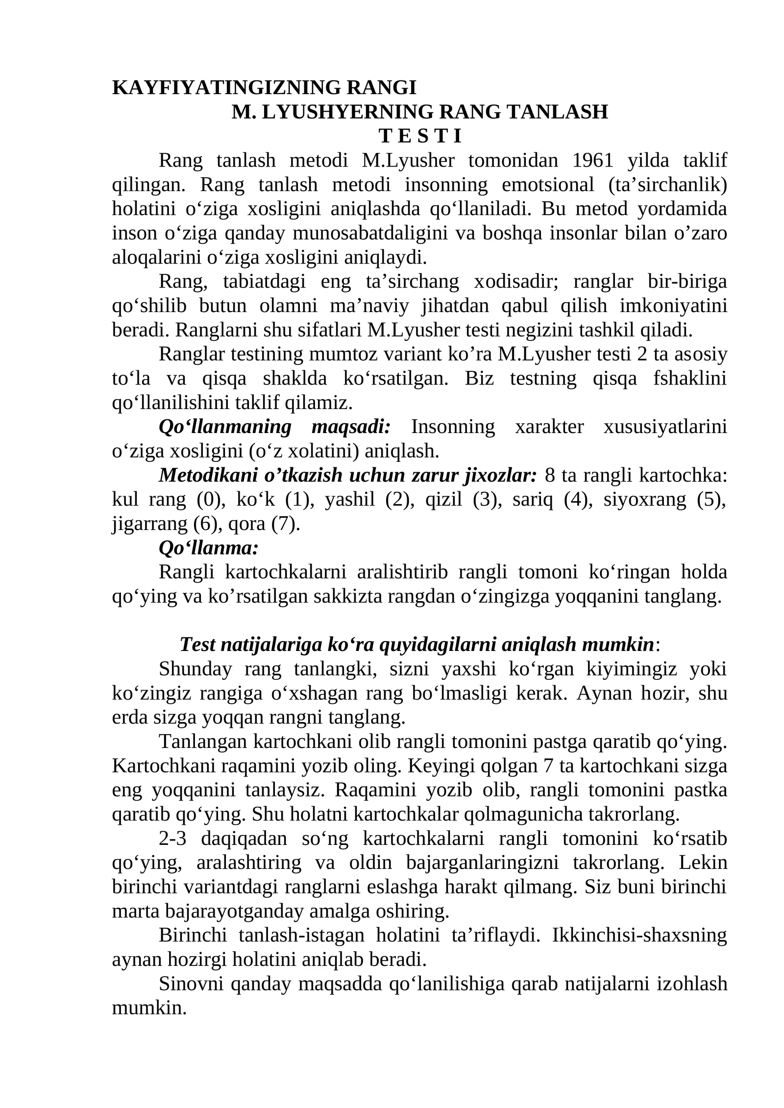 KAYFIYATINGIZNING RANGI
