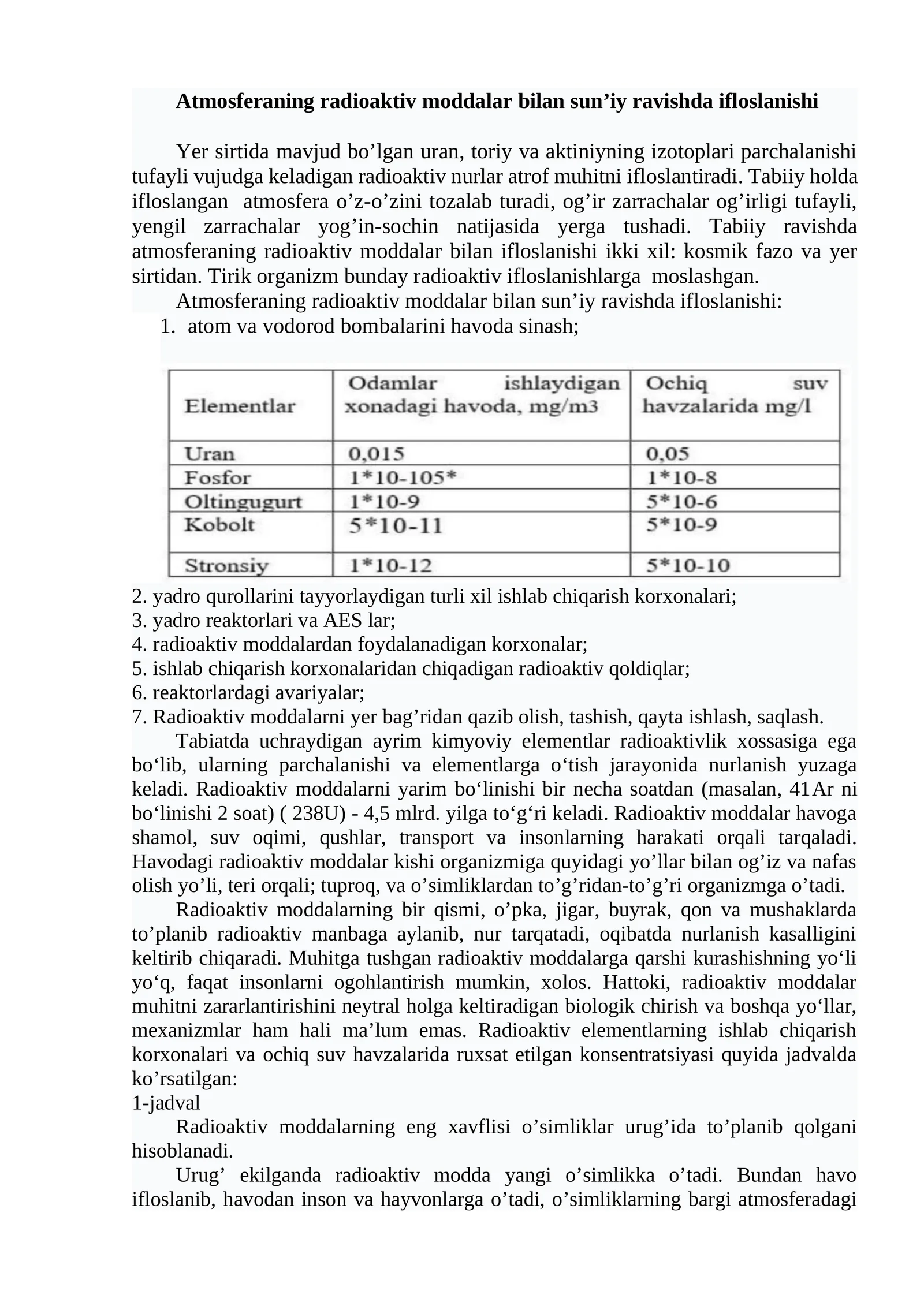 Atmosferaning radioaktiv moddalar bilan sun’iy ravishda ifloslanishi