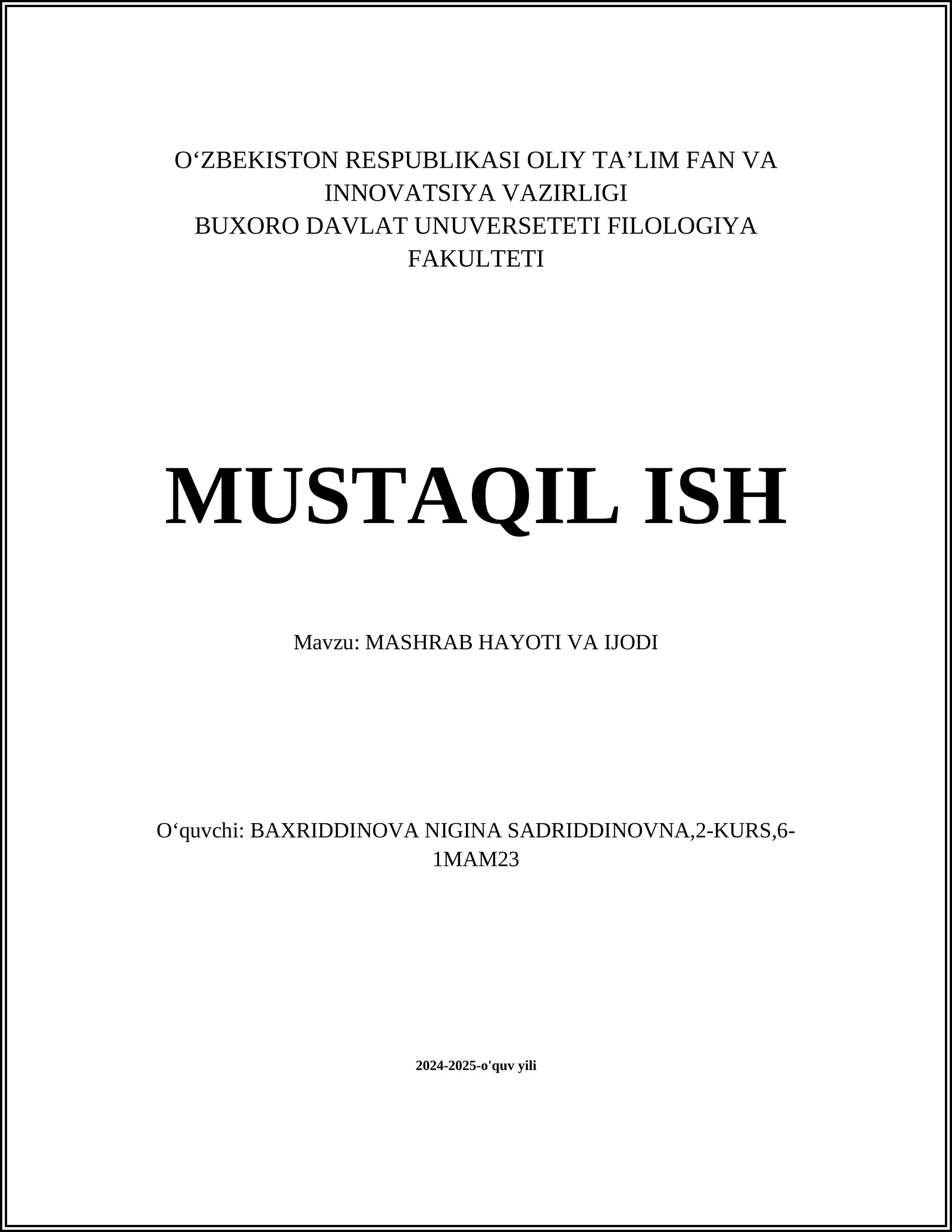 MASHRAB HAYOTI VA IJODI