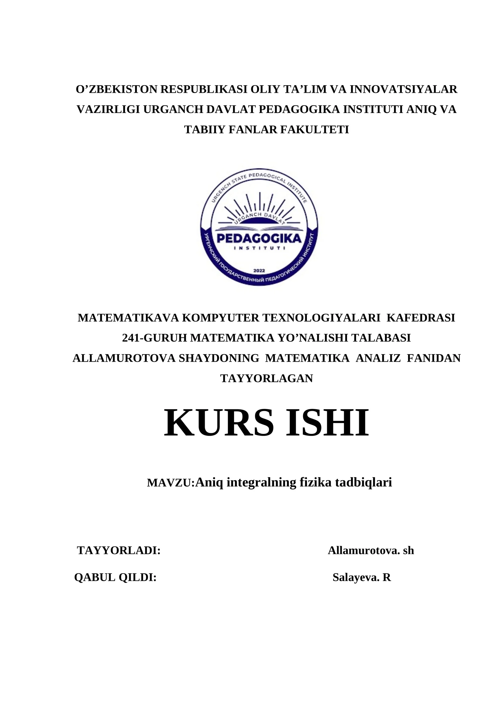 Aniq integralning fizika tadbiqlari