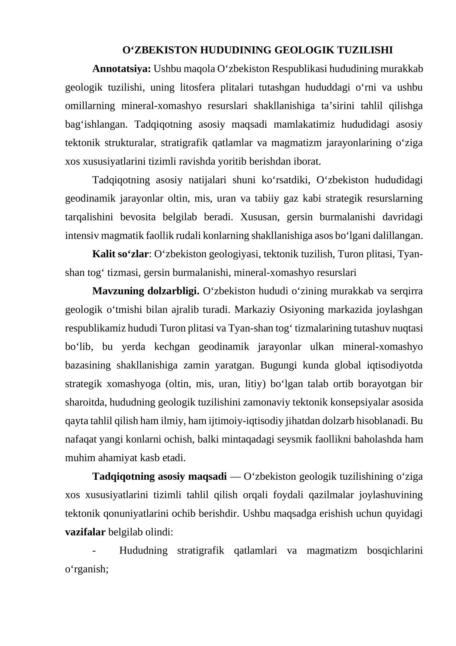 O‘ZBEKISTON HUDUDINING GEOLOGIK TUZILISHI