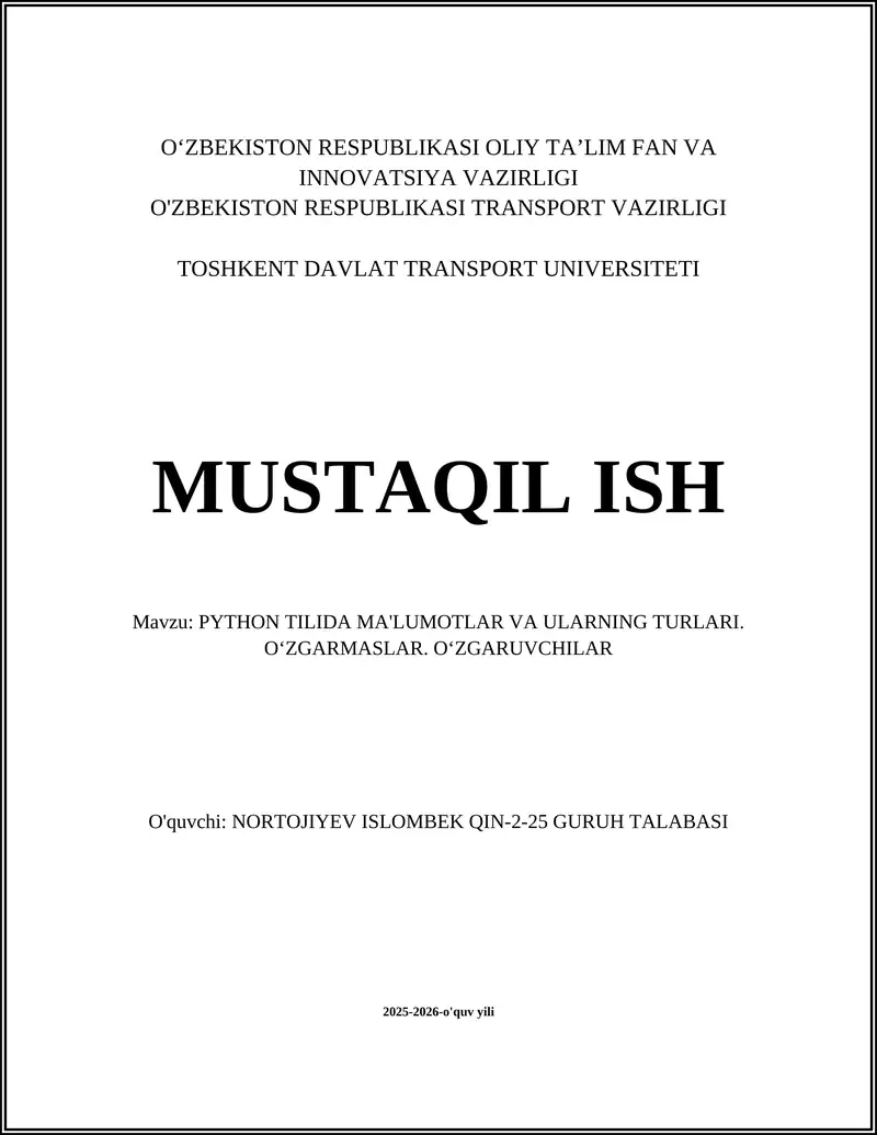 PYTHON TILIDA MA'LUMOTLAR VA ULARNING TURLARI