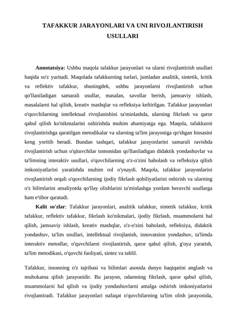 TAFAKKUR JARAYONLARI VA UNI RIVOJLANTIRISH USULLARI