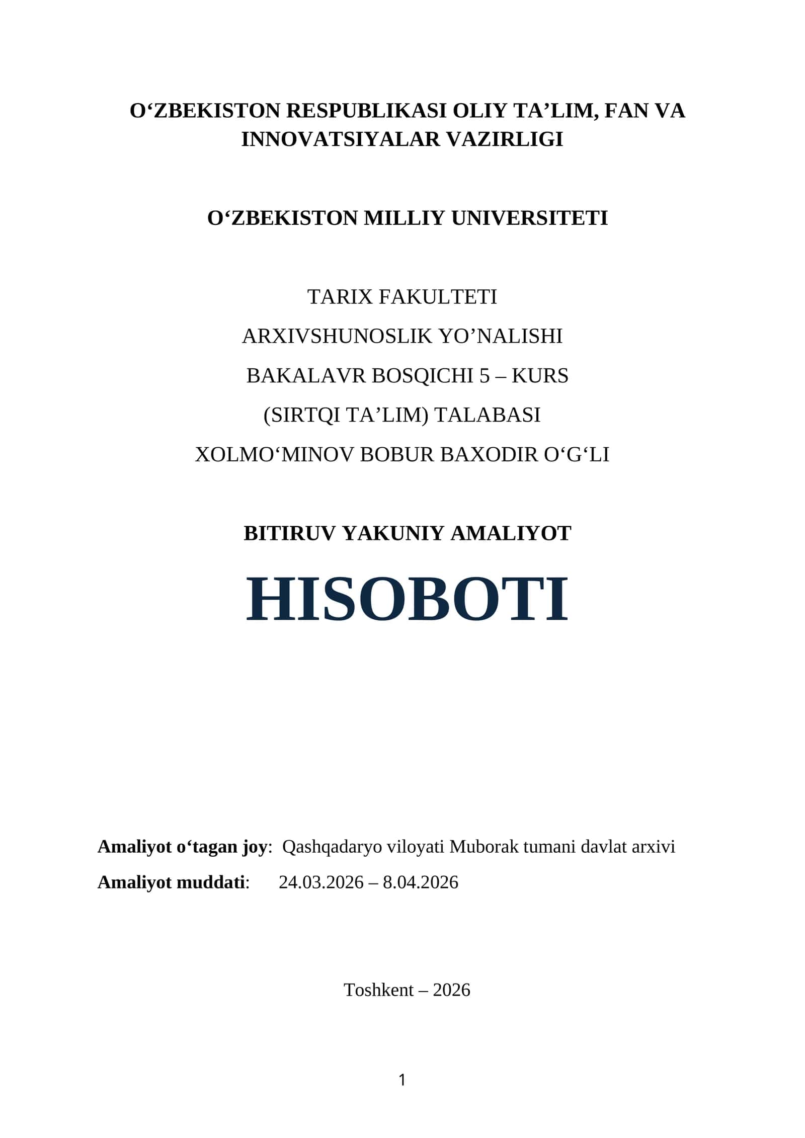 SURXONDARYO VILOYATI SHERABOD TUMANI IQTISODIYOT VA MOLIYA BO‘LIMI.BITIRUV YAKUNIY AMALIYOT HISOBOTI