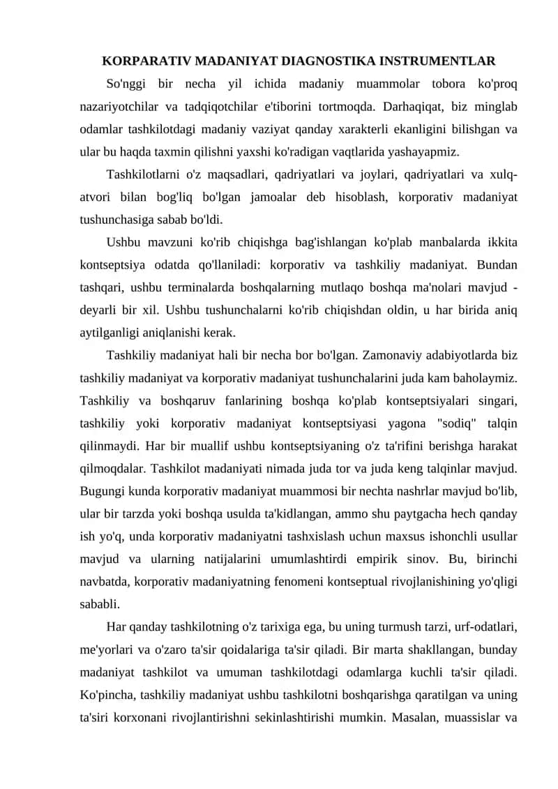 KORPARATIV MADANIYAT DIAGNOSTIKA INSTRUMENTLAR