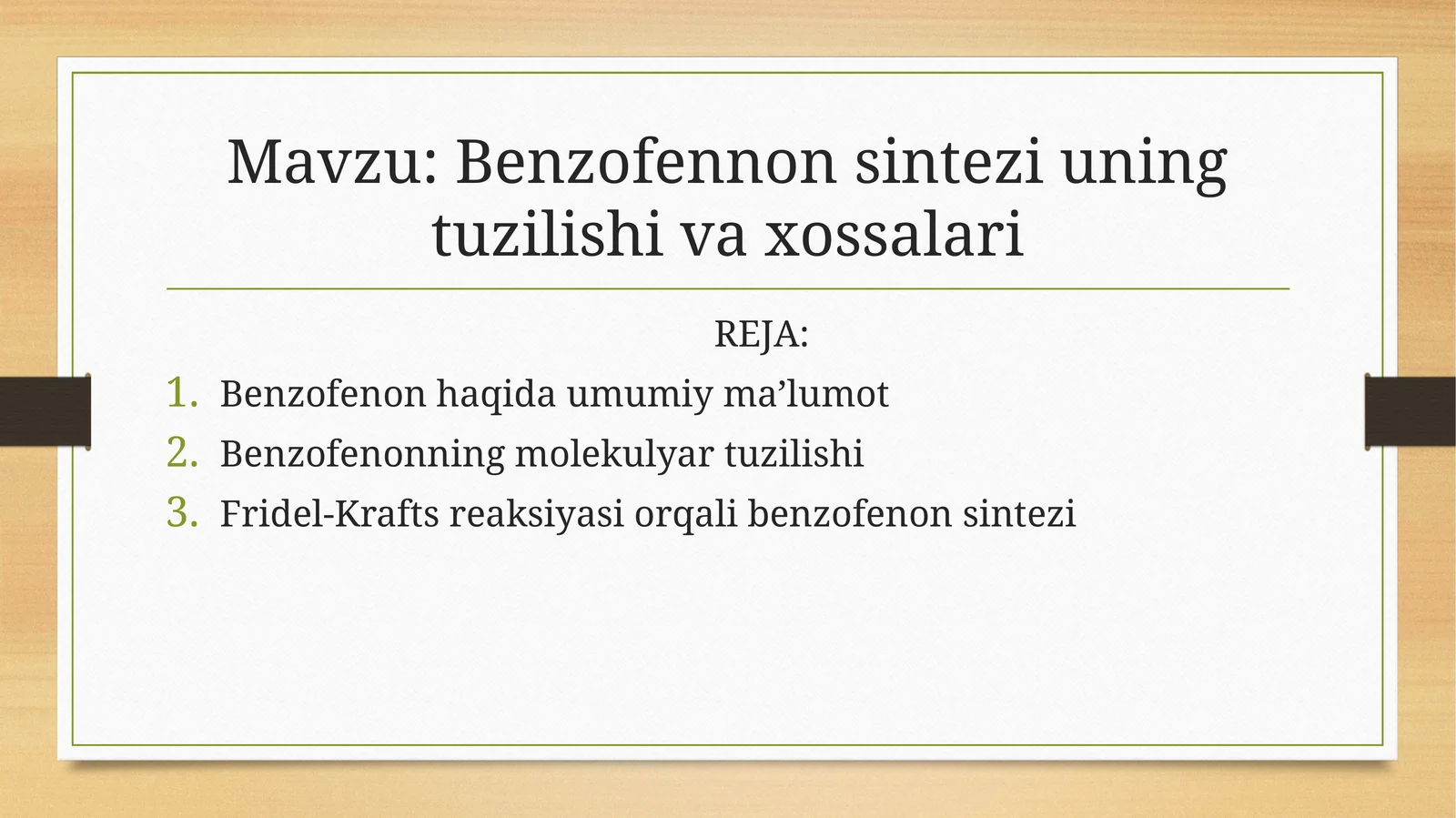Benzofennon sintezi uning tuzilishi va xossalari