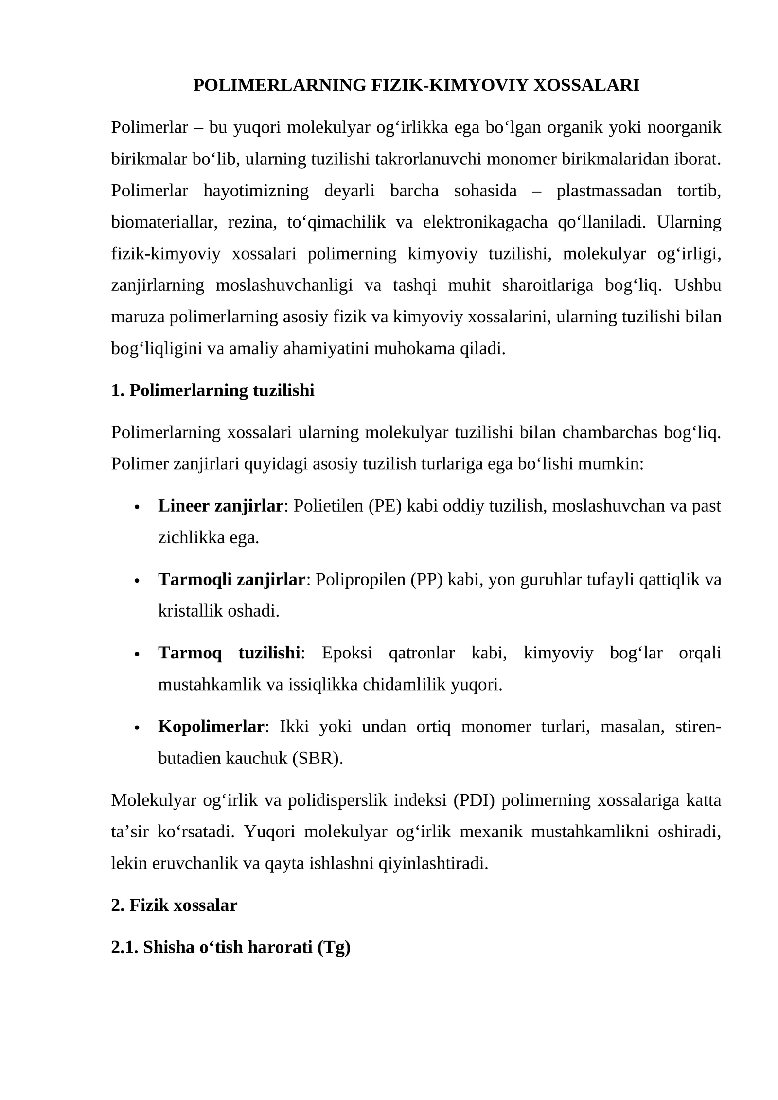 POLIMERLARNING FIZIK-KIMYOVIY XOSSALARI