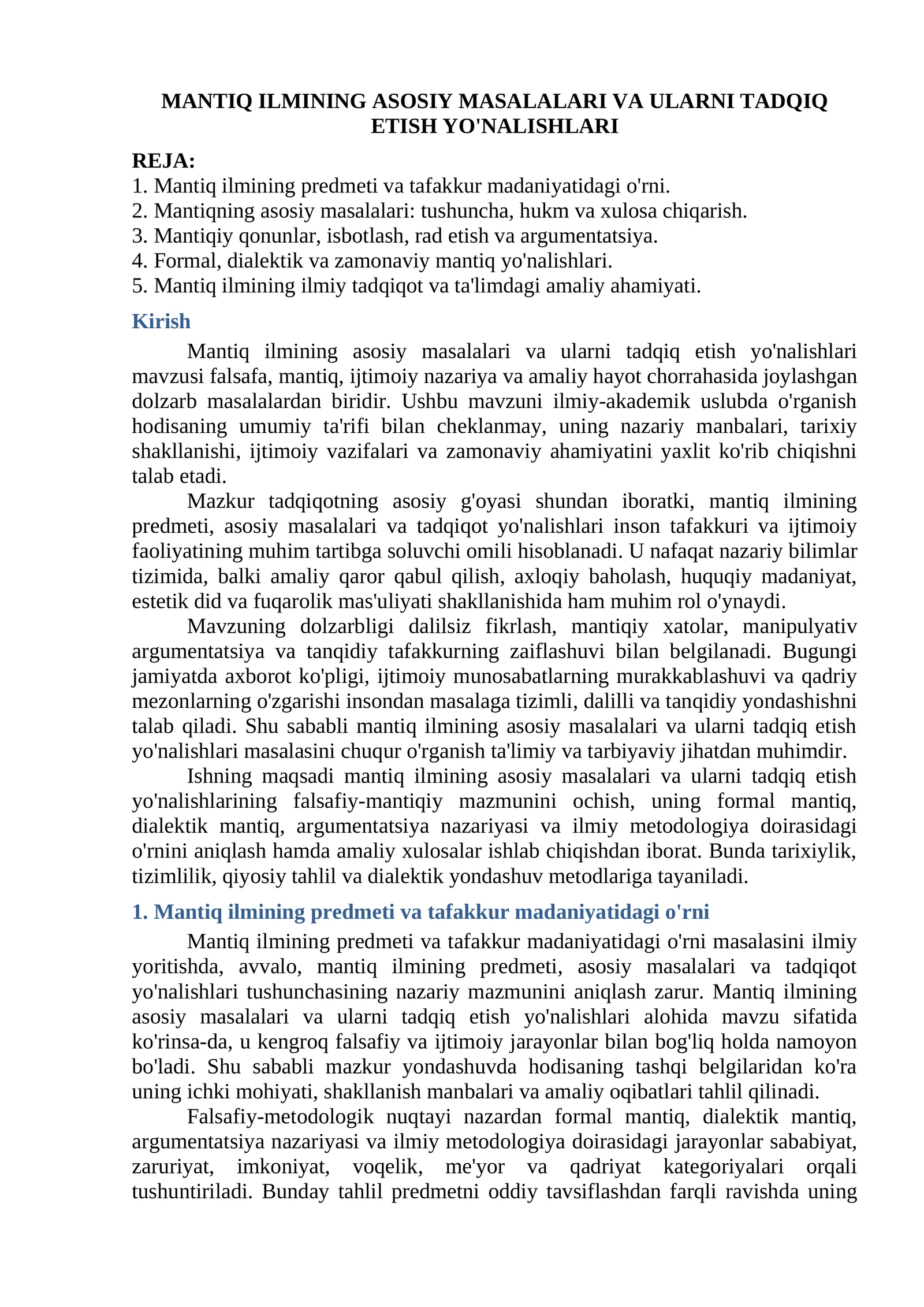 Mantiq ilmining asosiy masalalari va ularni tadqiq etish yo'nalishlari