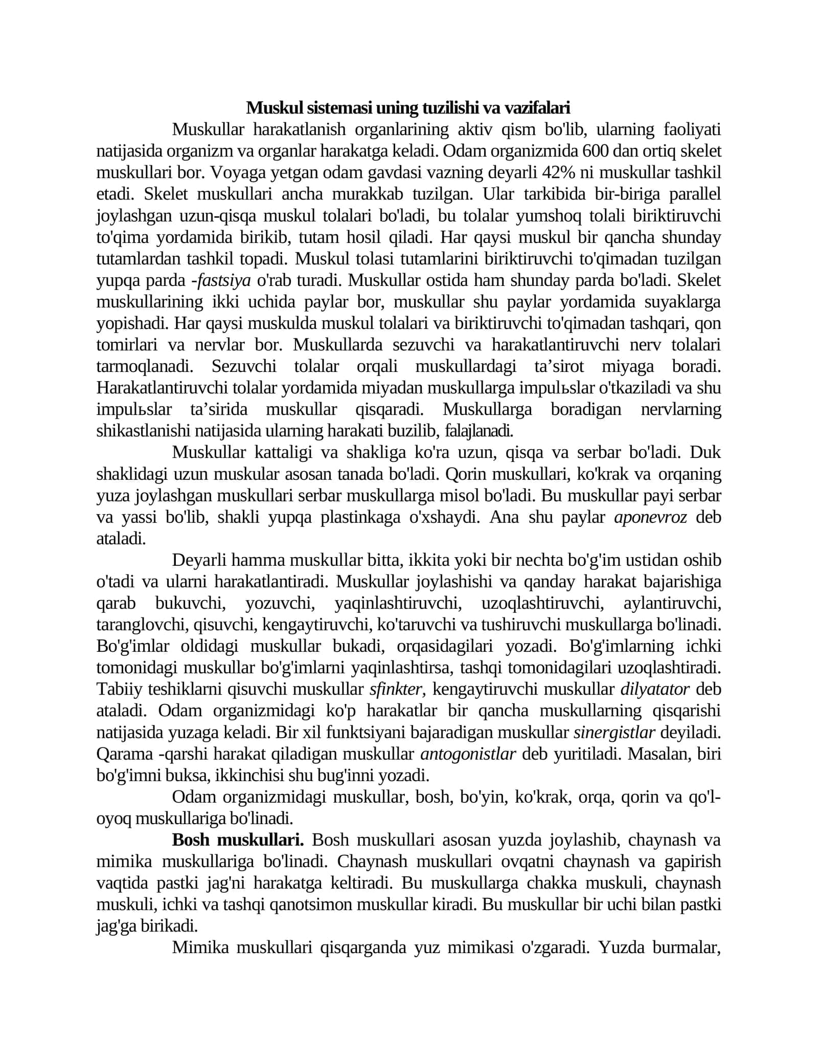 Muskul sistemasi uning tuzilishi va vazifalari